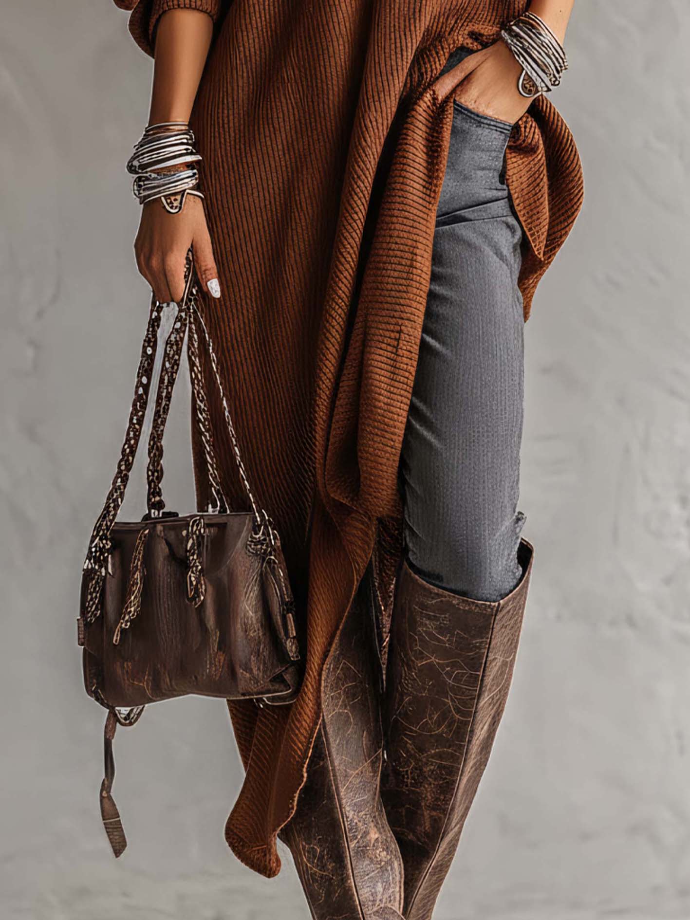 Brown Lace Patchwork Ribbed Knit Button Maxi Dress