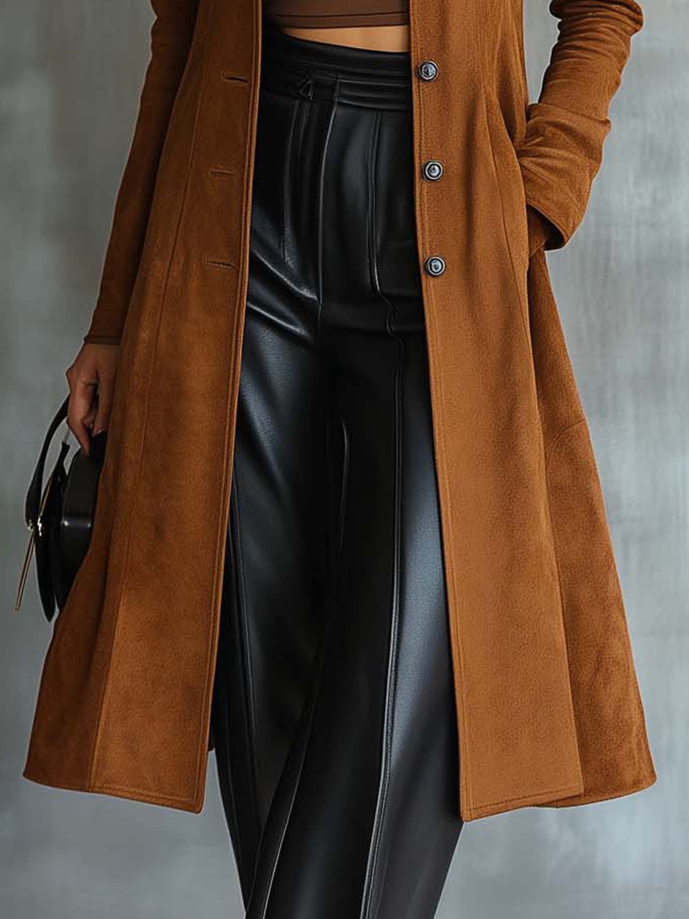 Brown Vintage Suede Coat With Stand-up Collar