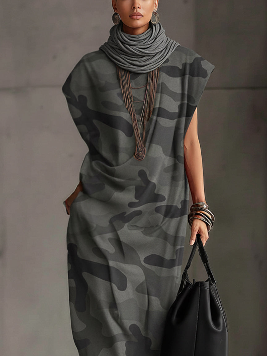 Gray Camo Suede Like Sleeveless Turtleneck Maxi Dress