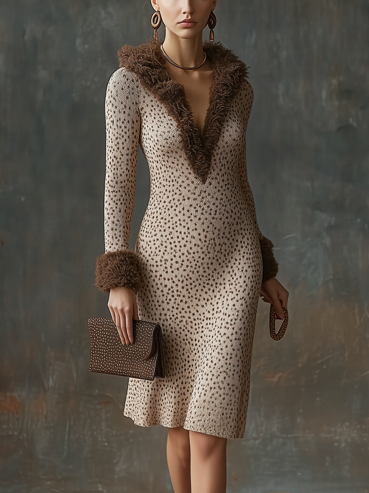 Beige Speckled Knit Faux Fur Trim Deep V-Neck Long Sleeve Midi Dress