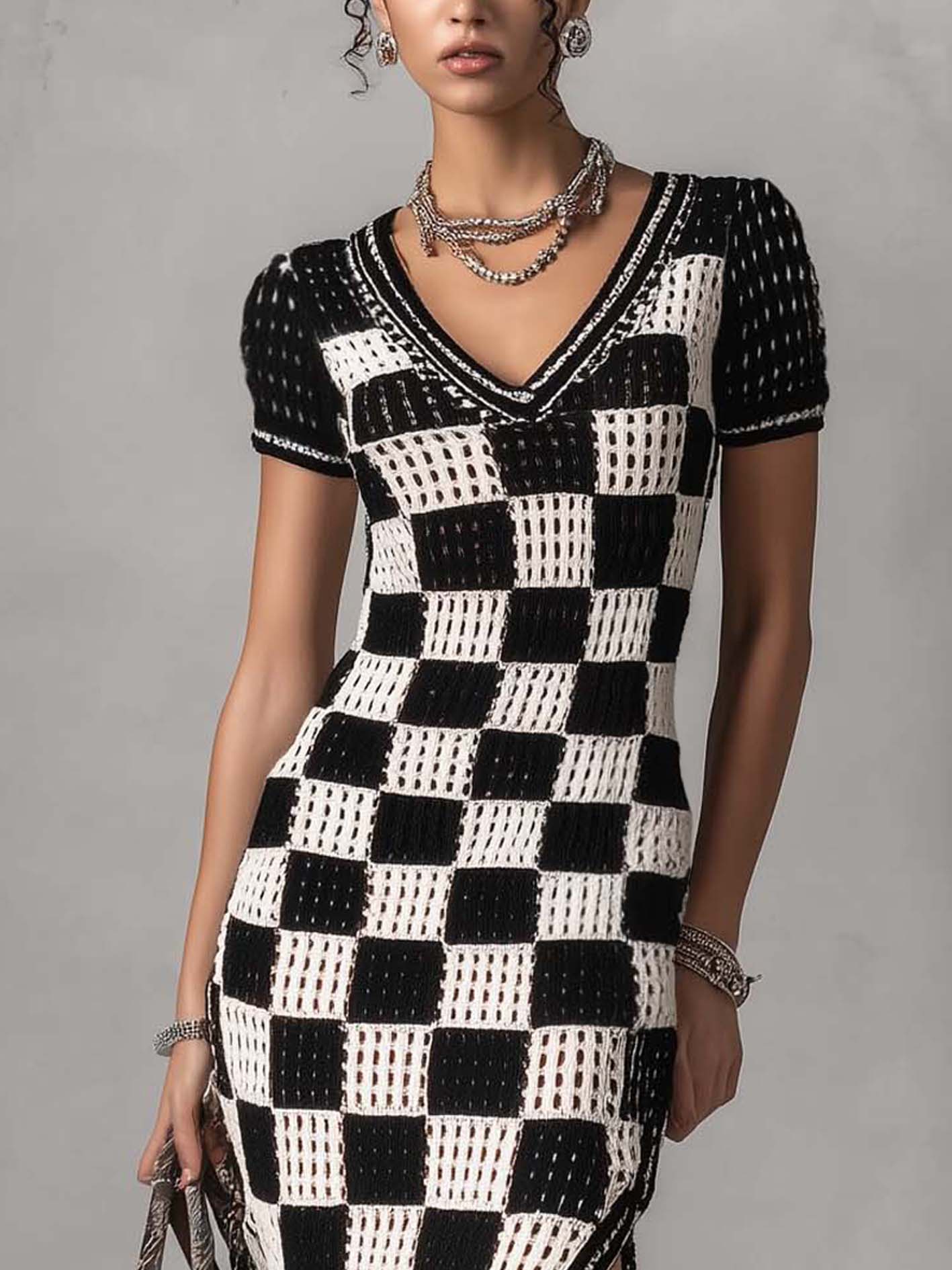 Black Checkered Textured Knit Bodycon Dress With Side Slit