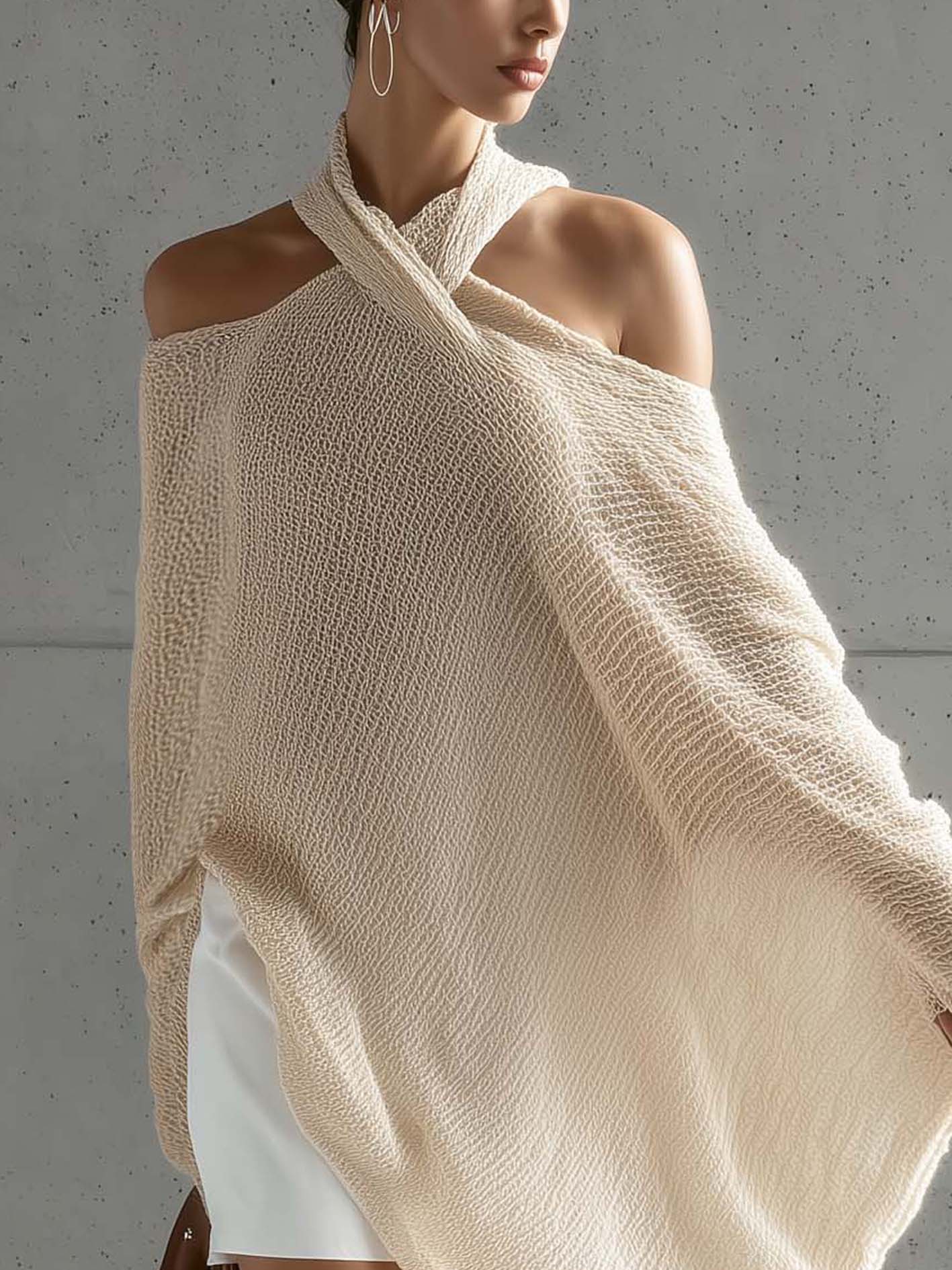 Oatmeal Knit Cross Halter Cold Shoulder Sweater And White Shorts Set