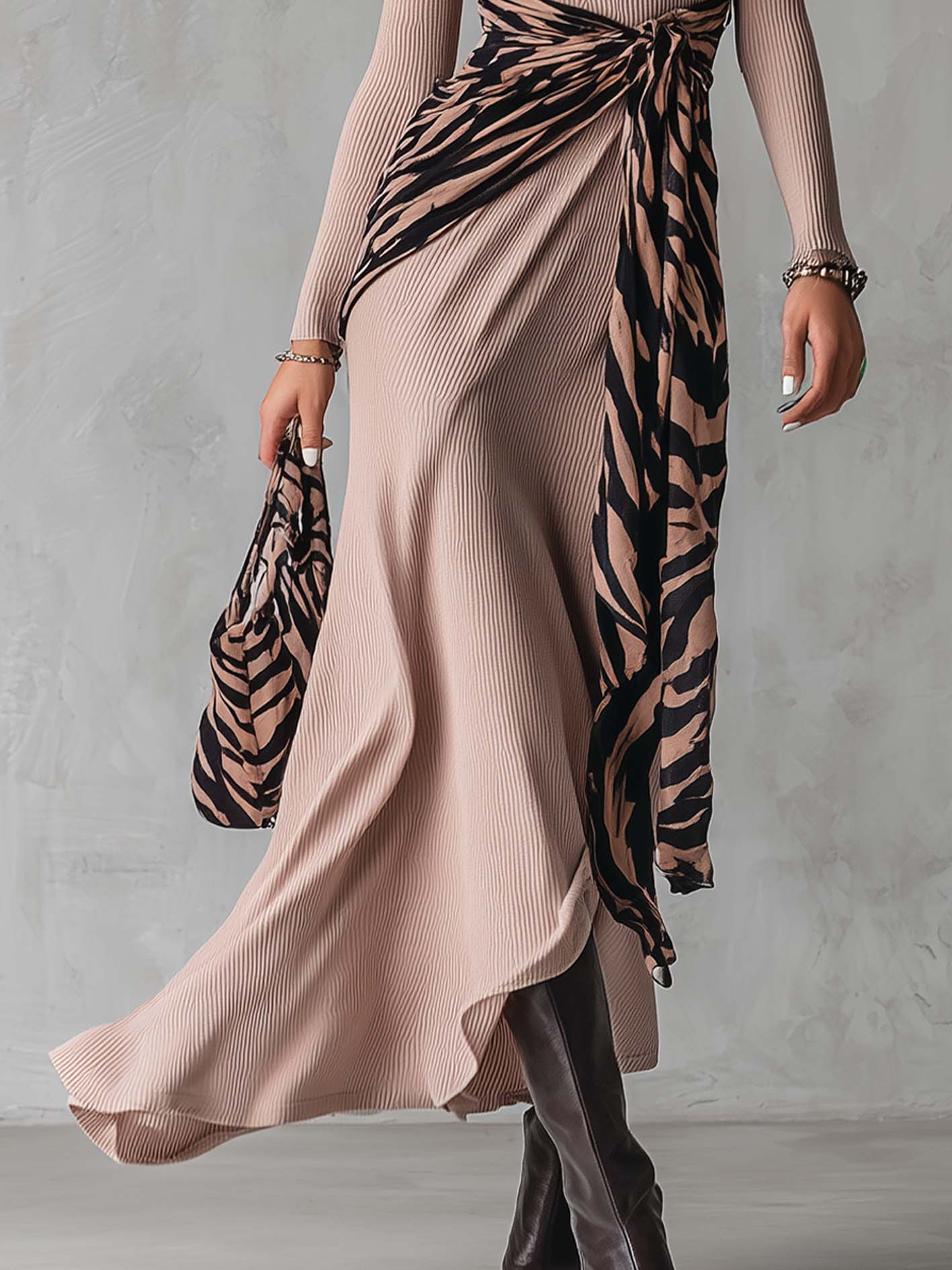 Dusty Pink Zebra Print Patchwork Turtleneck Knit Maxi Dress