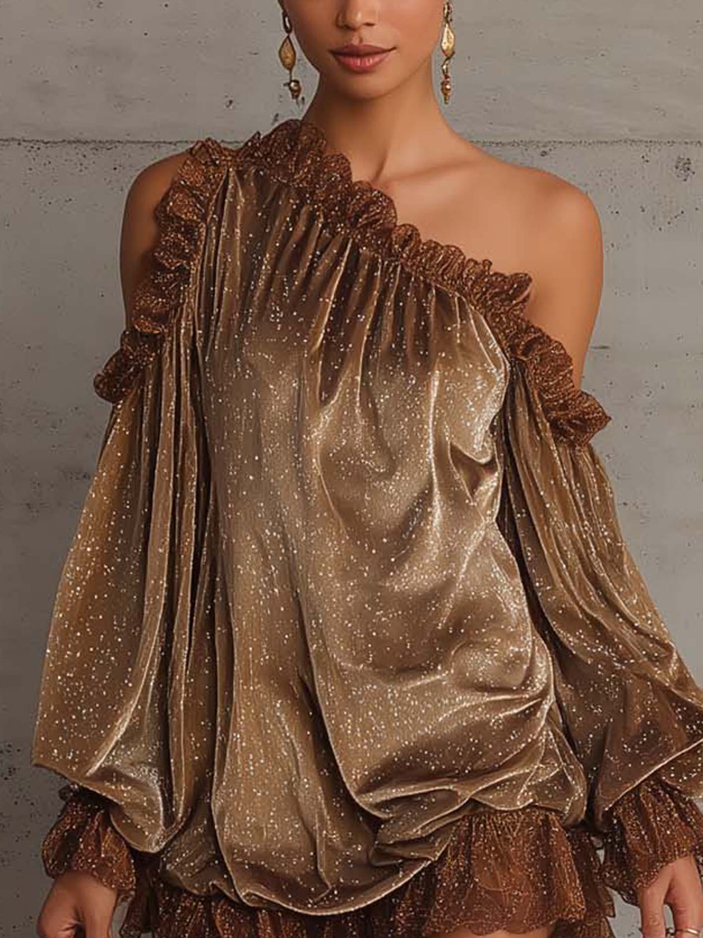 One Shoulder Brown Velvet Mini Dress With Silver Polka Dots