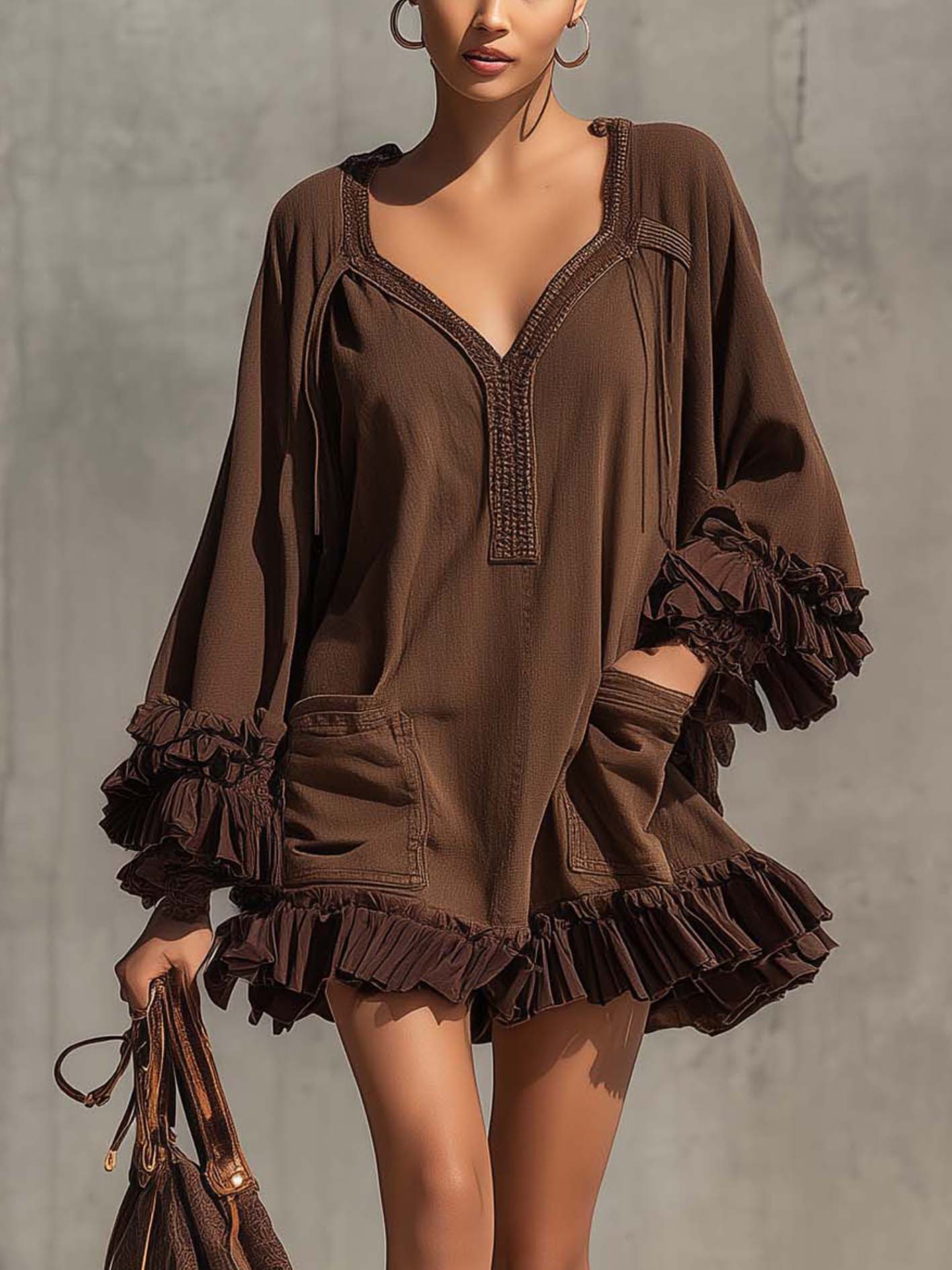 Brown Denim Mini Dress With Chiffon Ruffle Patchwork And Pockets