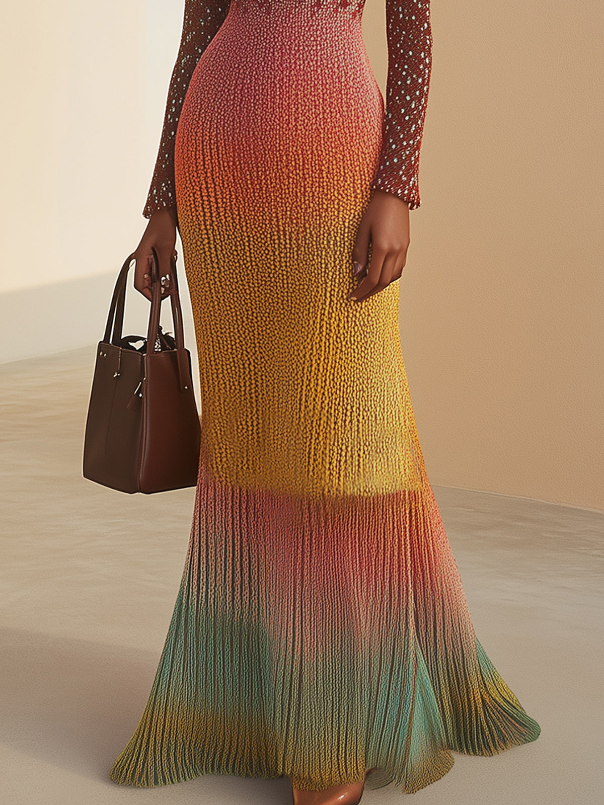 Multicolor Long Sleeve Deep V-neck Maxi Dress