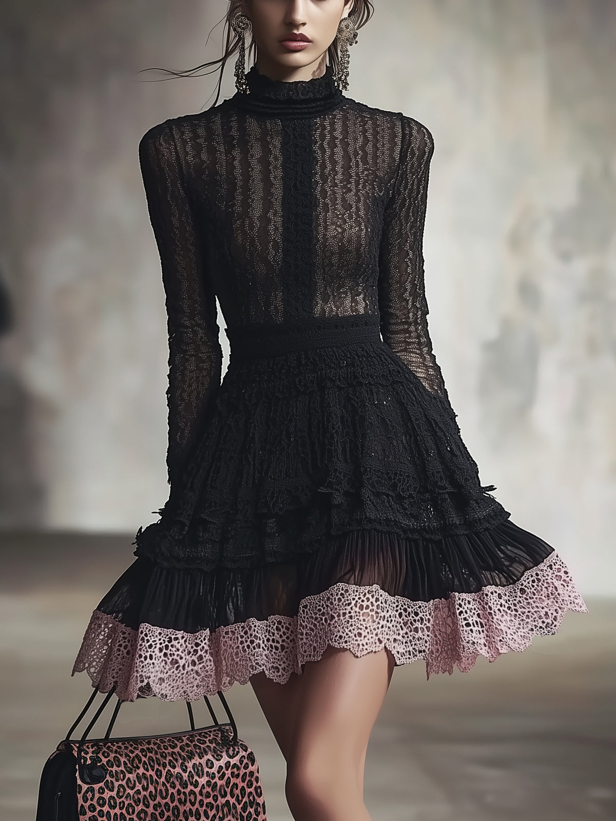 Black Lace Semi Sheer Ruffle Turtleneck Long Sleeve Mini Dress