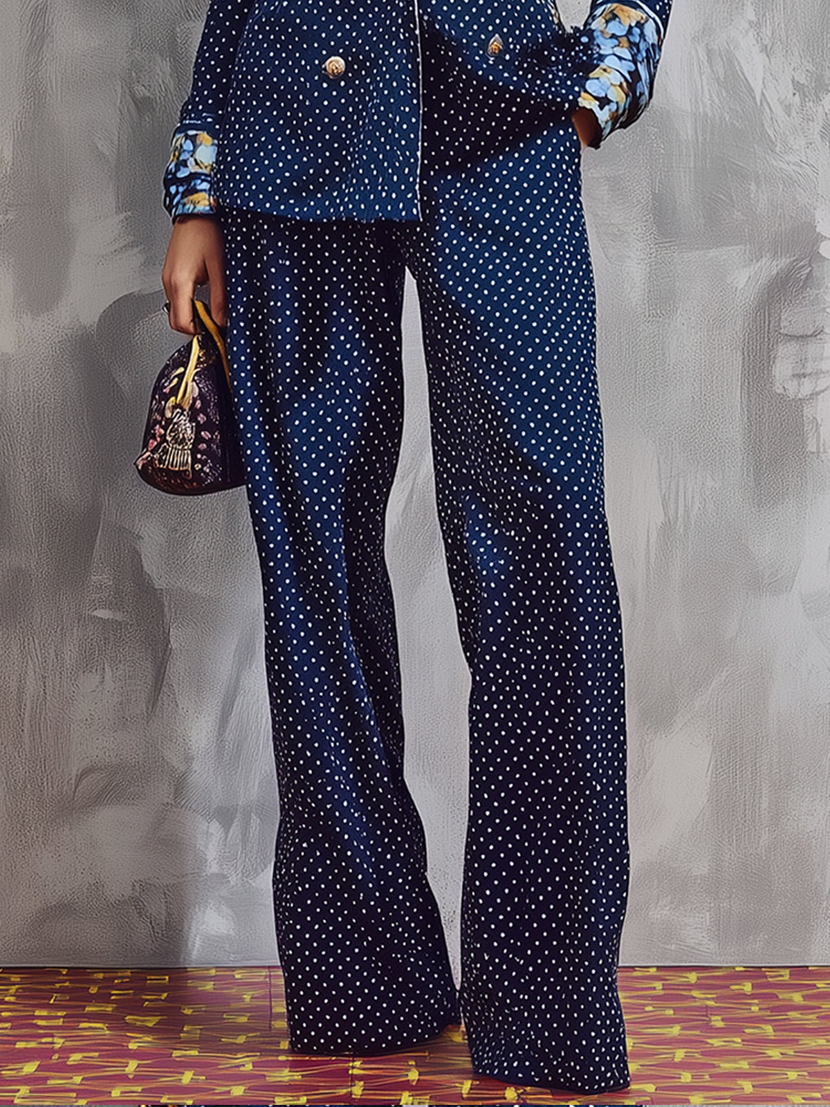 Navy Polka Dot Floral Contrast Double Breasted Suit With Gold Buttons