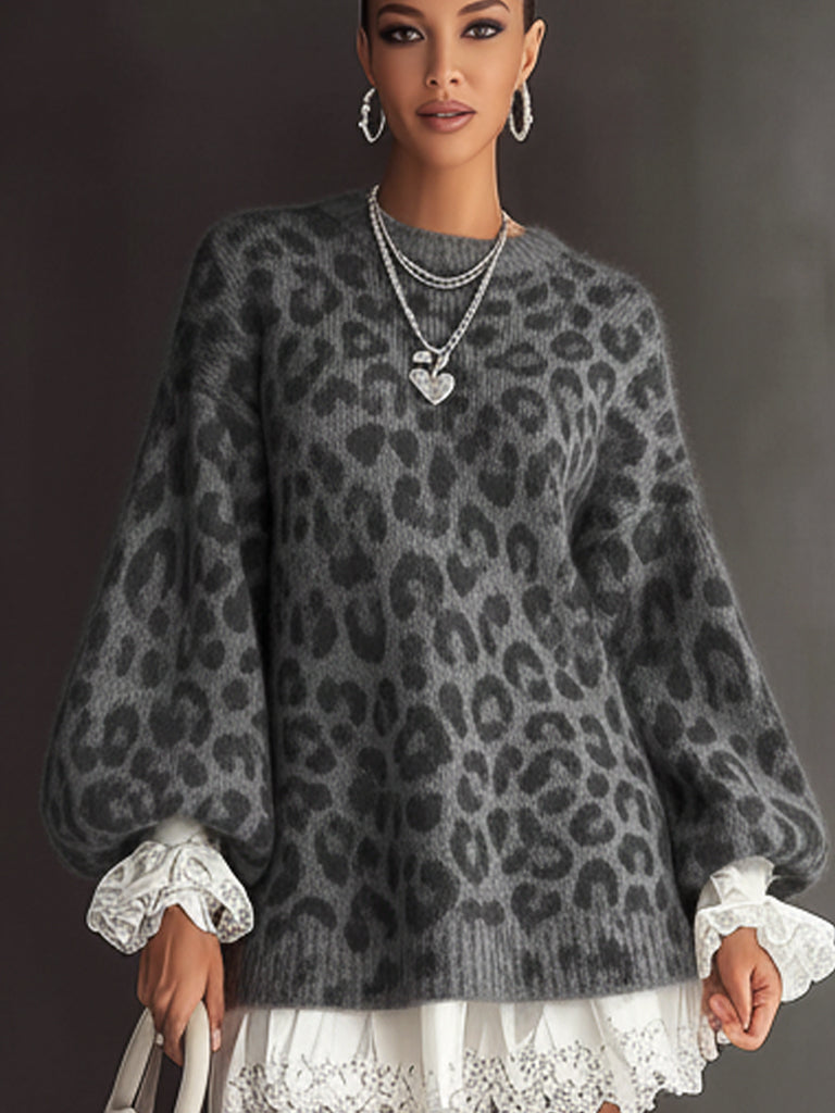 Gray Leopard Knit Long Sleeve Mini Dress With Lace Trim Hem