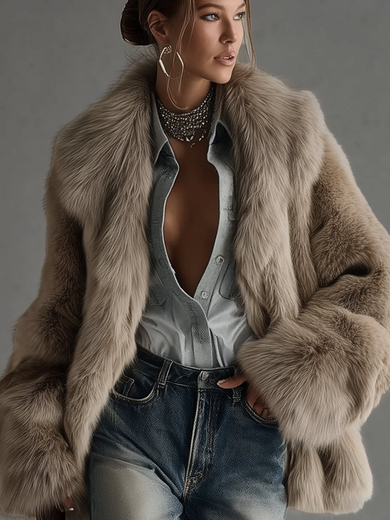 Soft Taupe Faux Fur Oversized Long Sleeve Coat