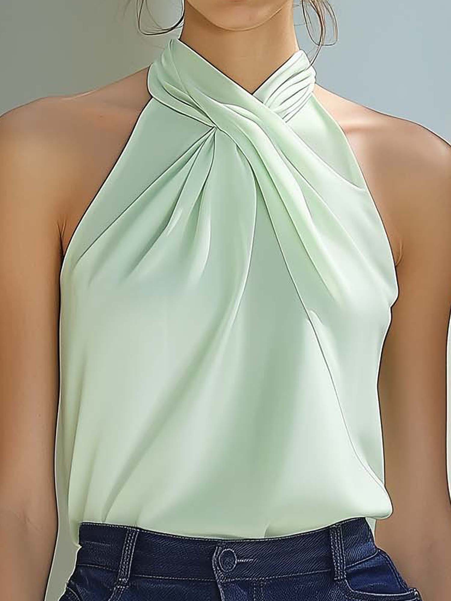 Sleeveless Mint Green Chiffon Shirt With Cross Neckline