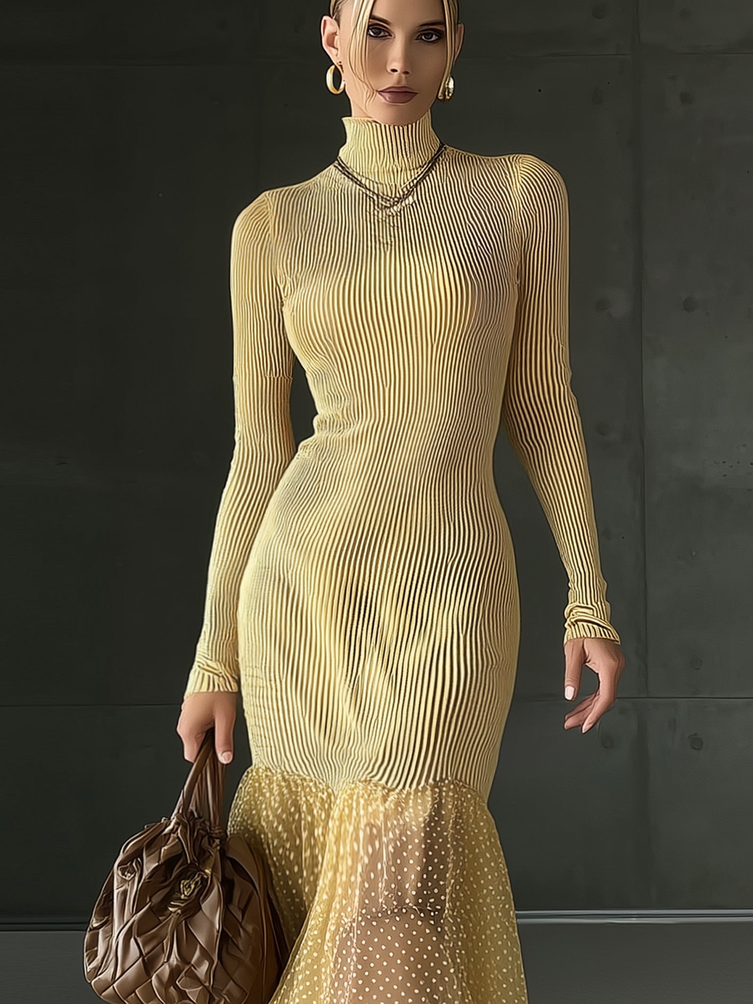 Yellow Knitted Patchwork Chiffon Polka Dot Maxi Dress