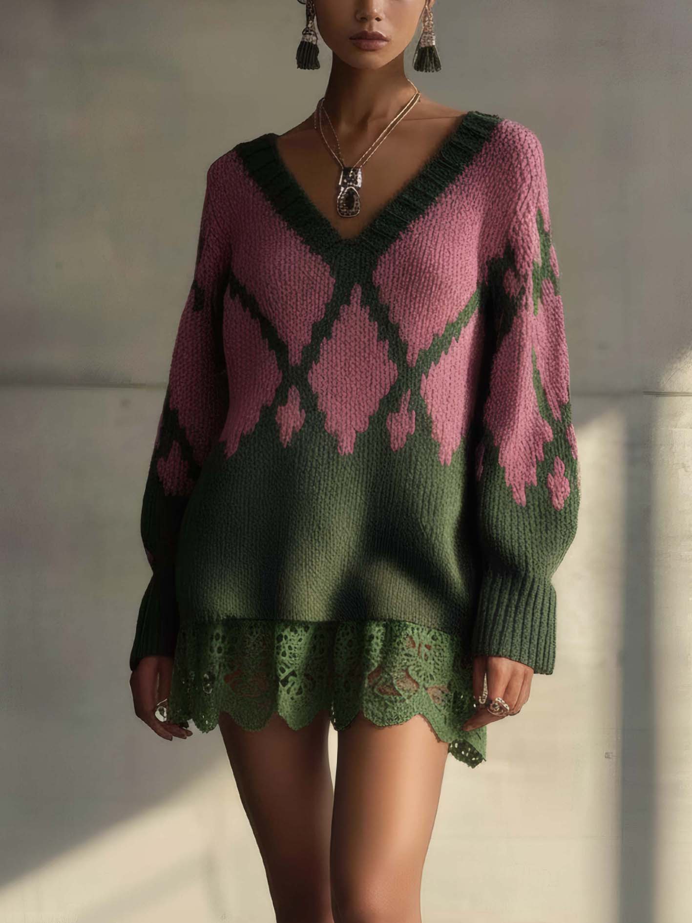 Green Knitted Mini Dress With Pink Diamond Pattern