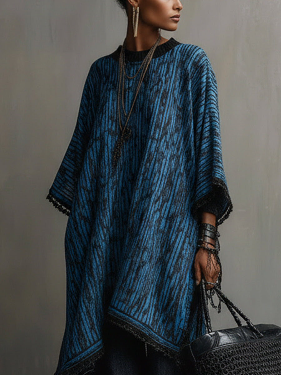 Blue Knitted Loos Fit Midi Dress With Three Quarter Sleeves