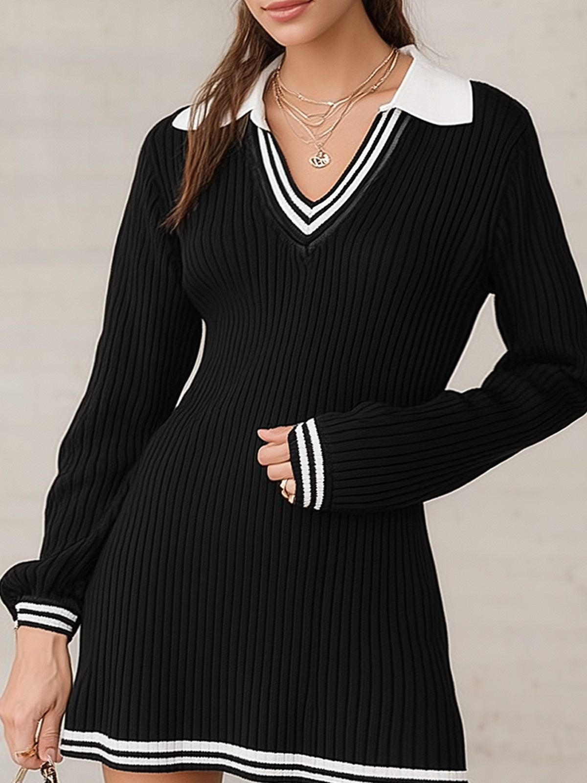 Black Ribbed Knit Polo Collar Mini Dress