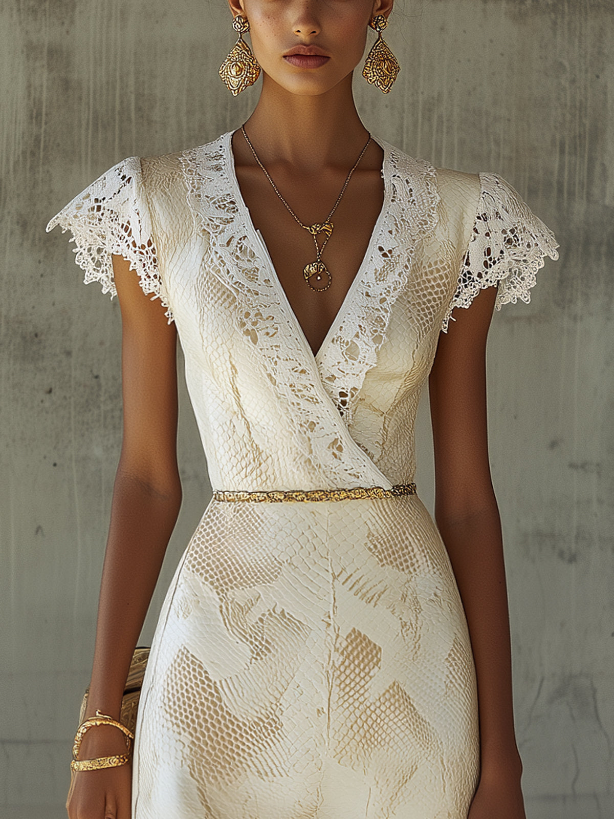 Ivory Snakeskin Lace Asymmetric V-Neck Midi Dress