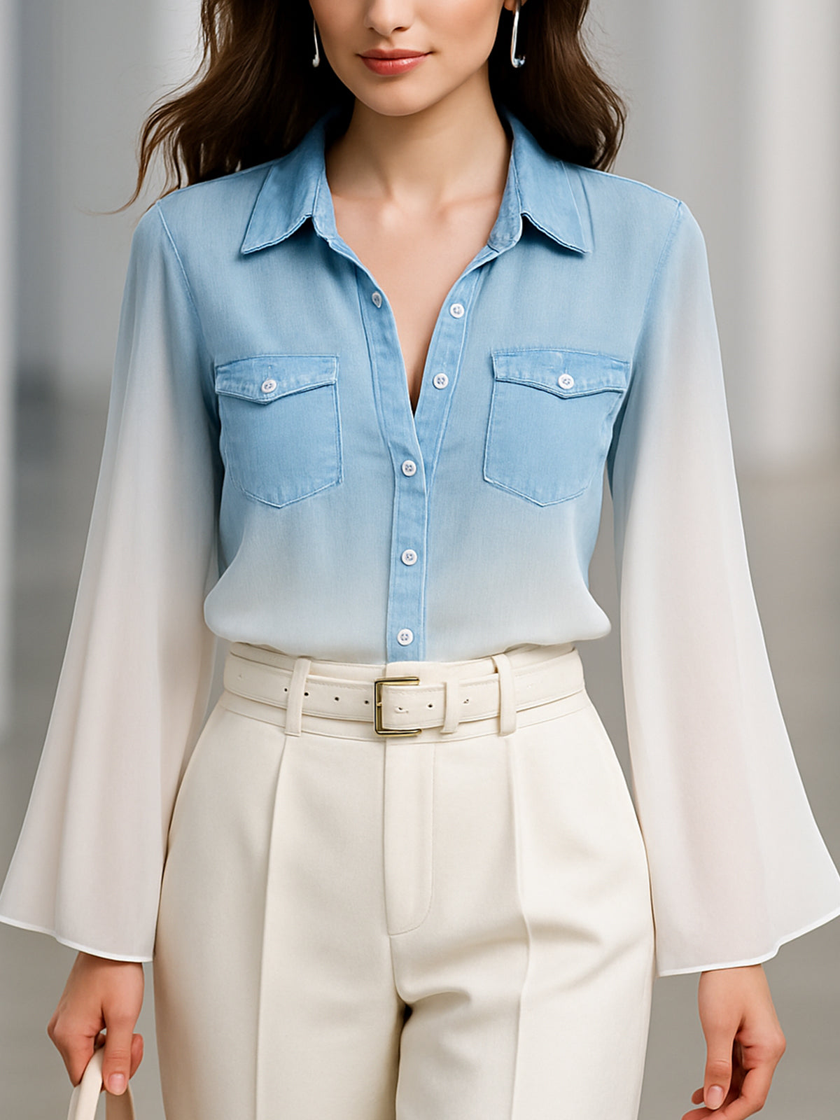 Elegant Ombre Chiffon Sleeve Denim Shirt
