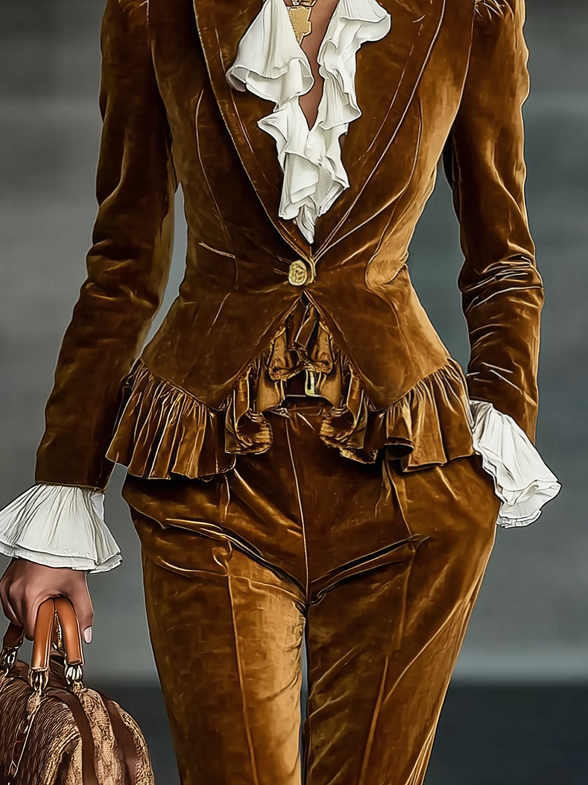 Gold Vintage Ruffle Velvet Single Button Blazer