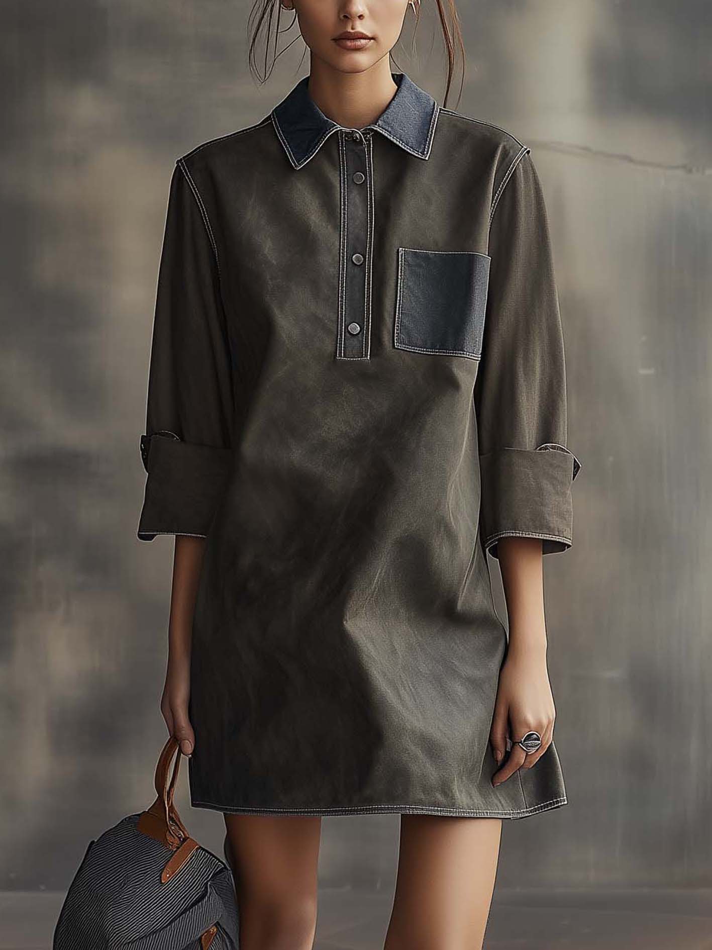 Gray Faux Suede Vintage Mini Dress With Denim Lapels