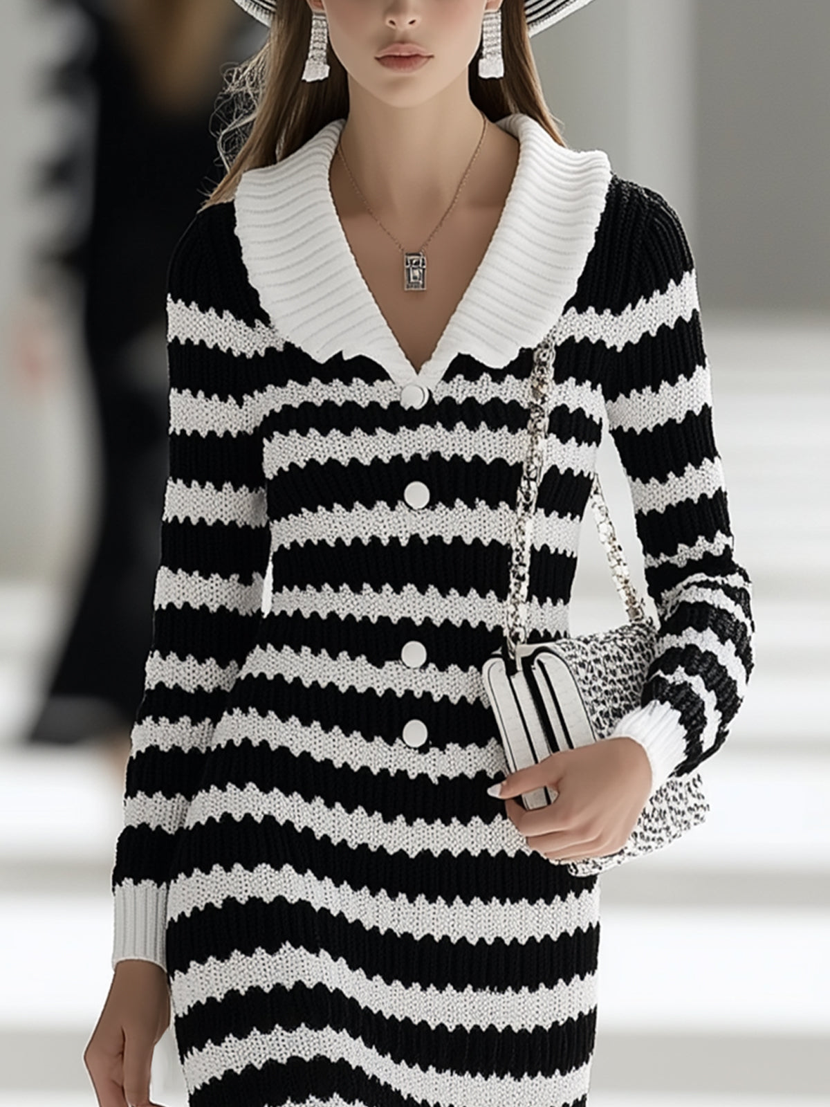 Black And White Striped Knit Dress With Wide Collar