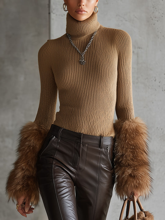 Camel Ribbed Turtleneck Sweater With Faux Fur Cuffs