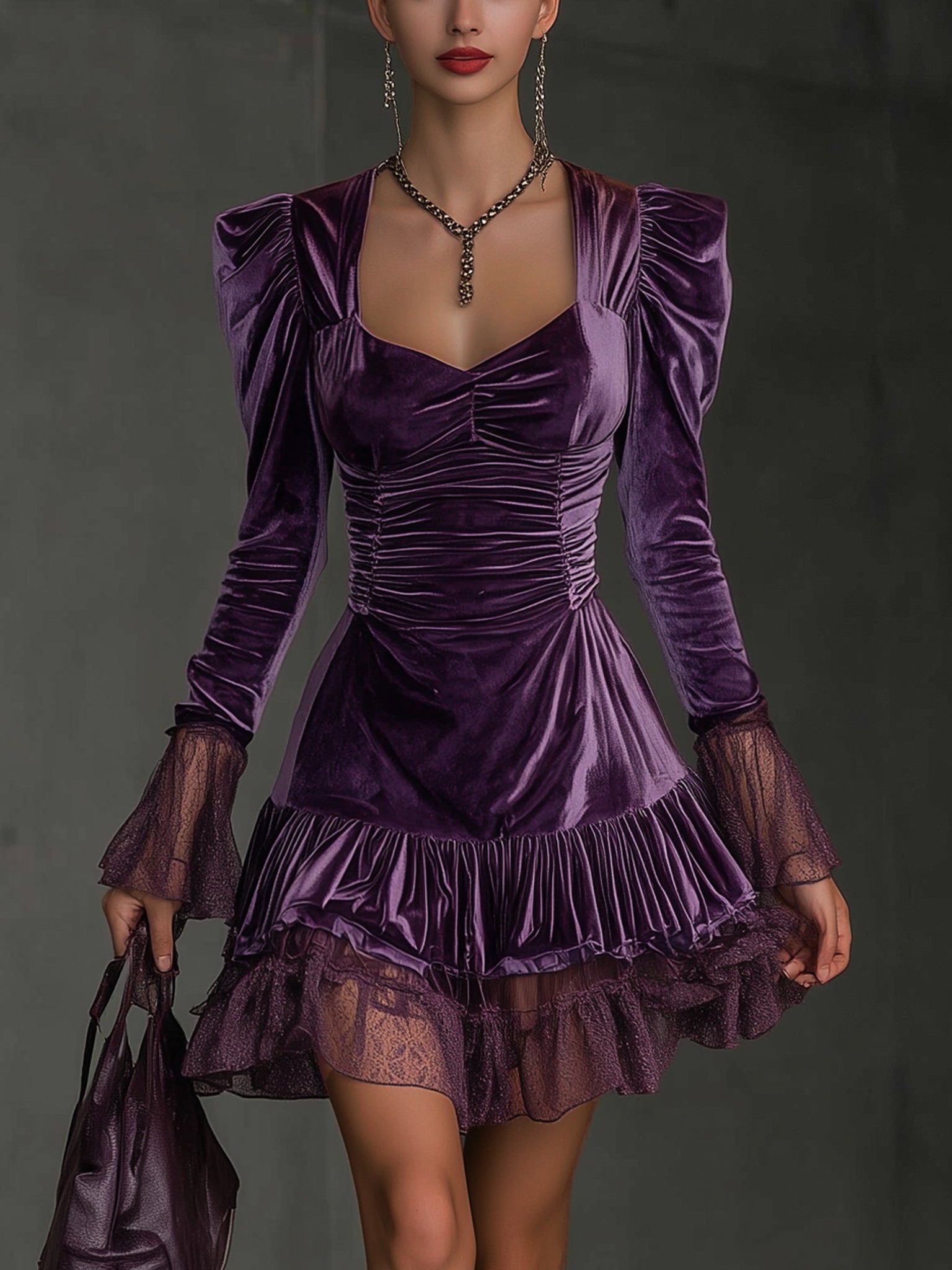 Purple Velvet Long Sleeve Mini Dress With Lace Ruffles