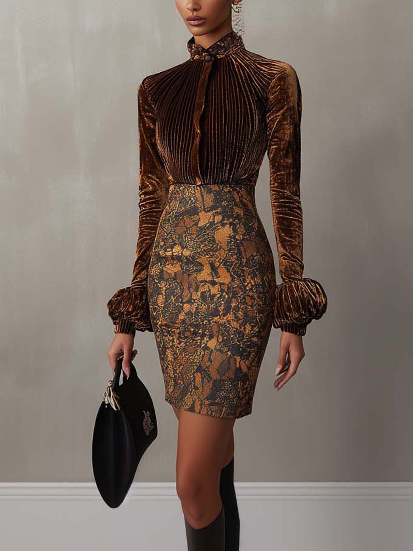Dark Brown Velvet Midi Bodycon Dress With Vintage Floral Print