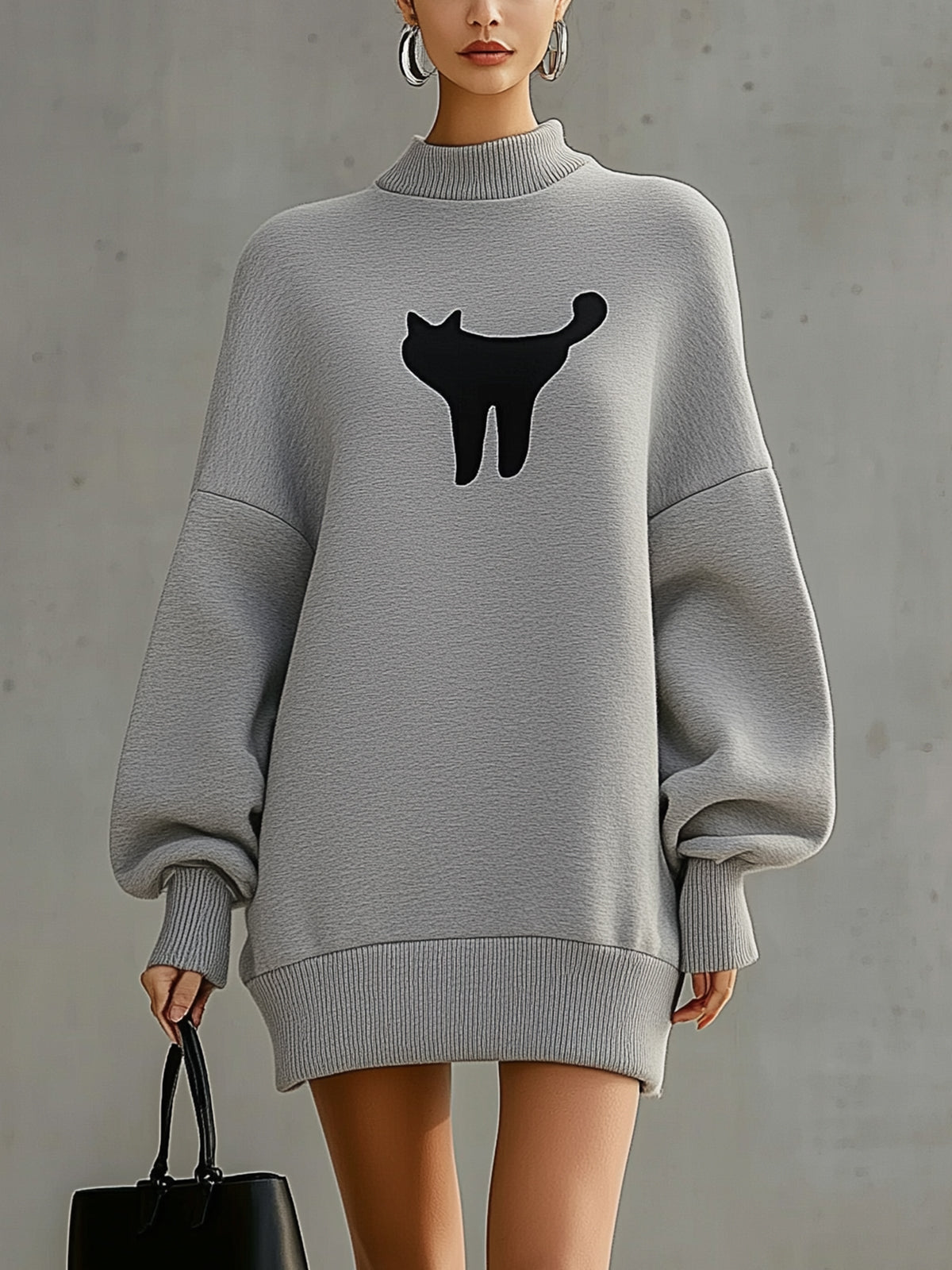 Gray Casual Cat Graphic Sweatshirt Dress