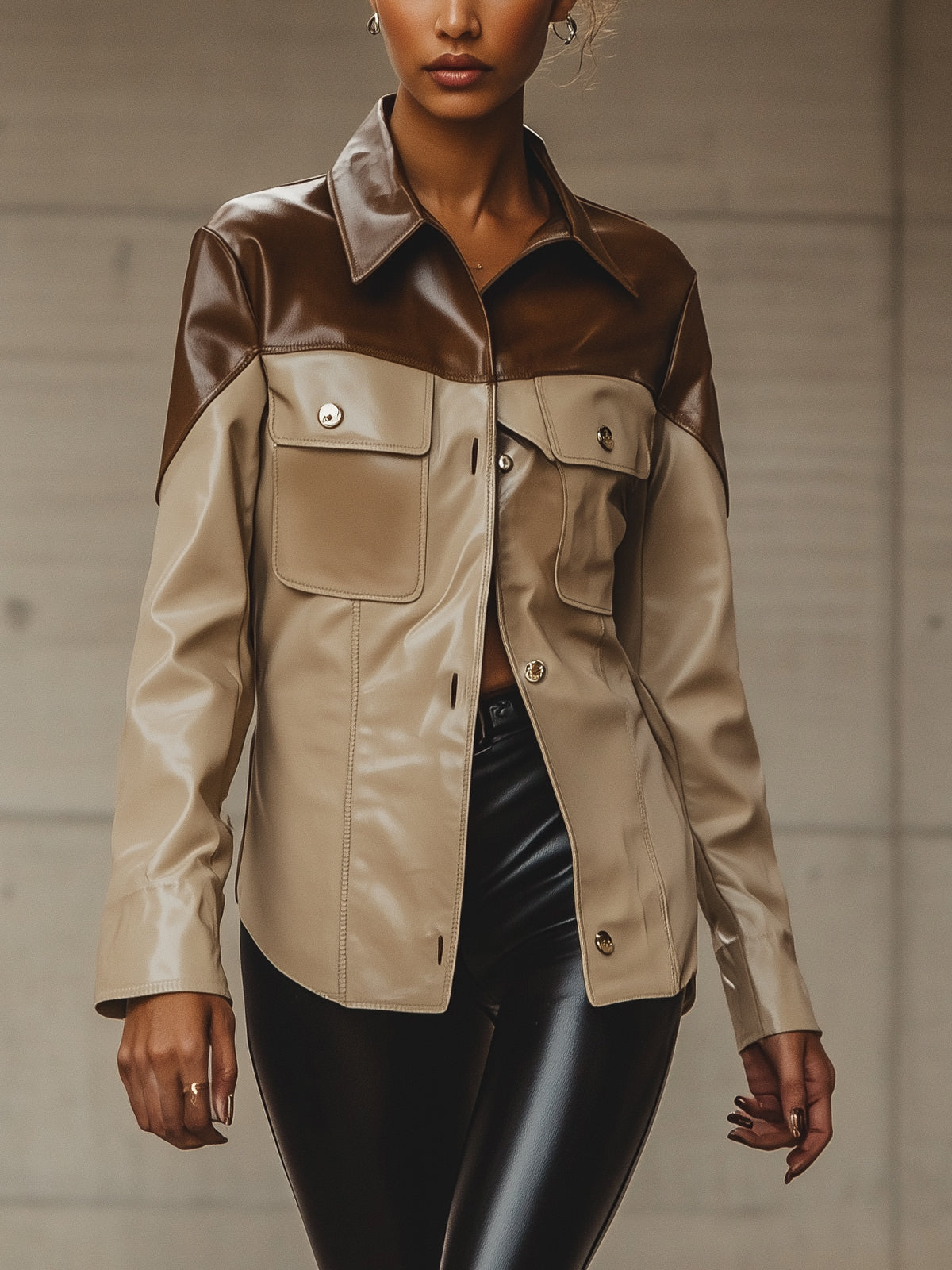 Two Tone Faux Leather Lapel Jacket