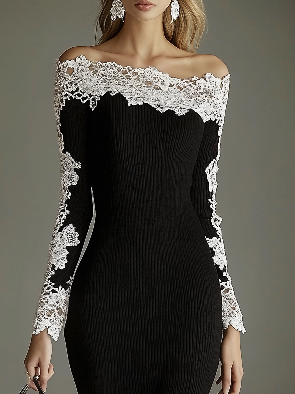 Black Knit Off Shoulder Dress With White Lace Accents
