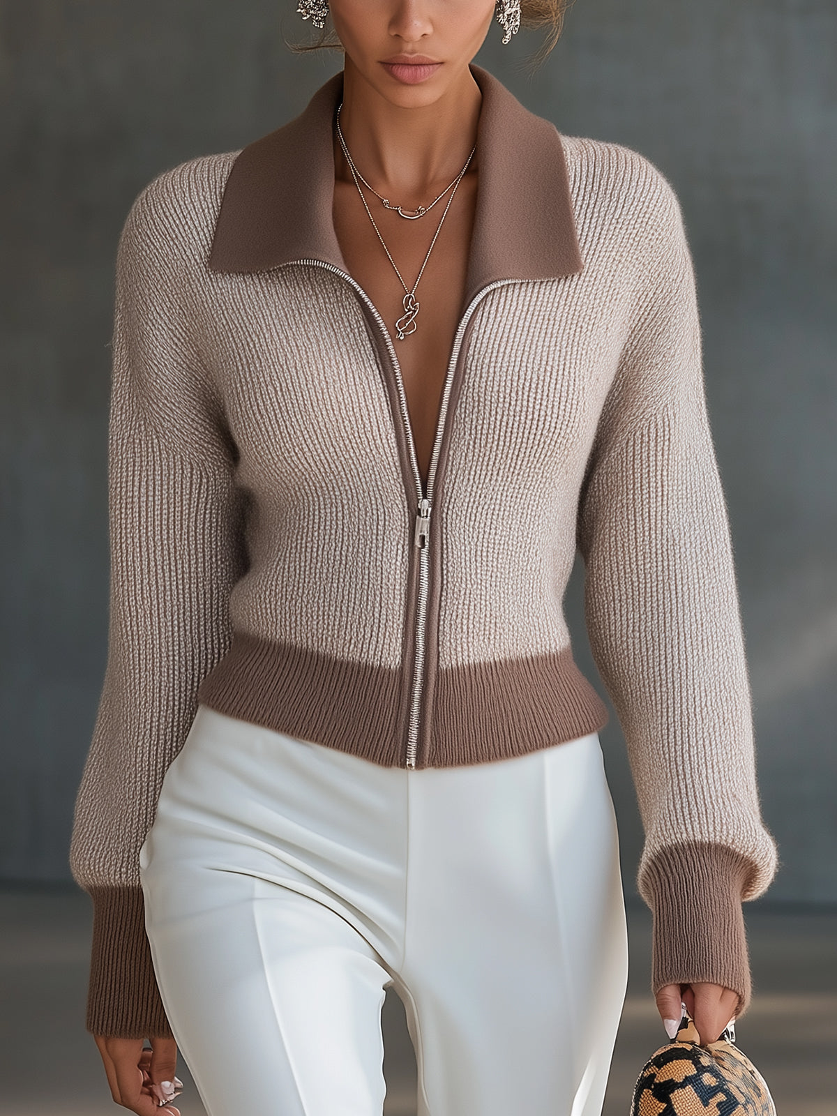 Two Tone Lapel Zip Knit Cardigan