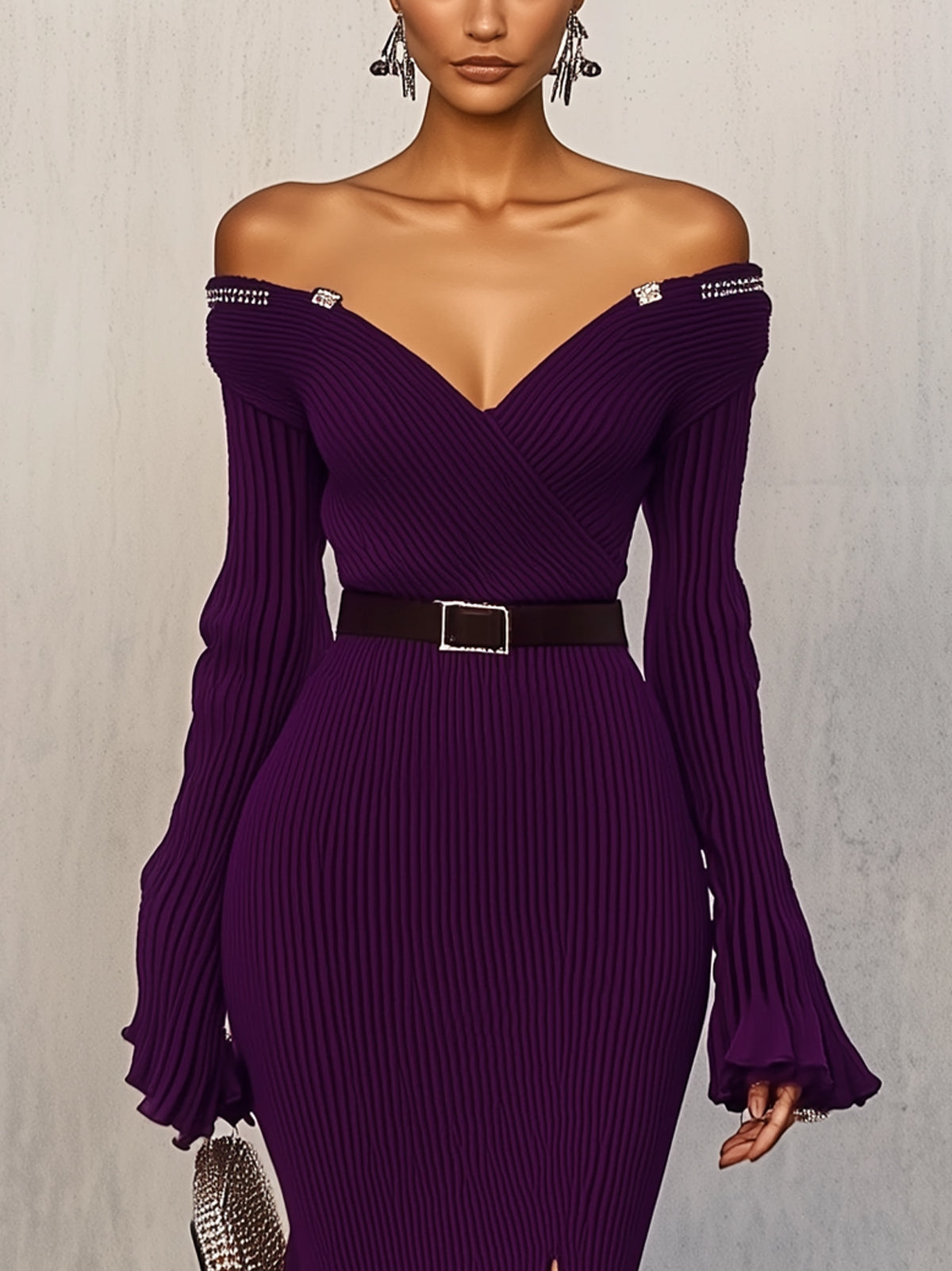 Purple Ribbed Ruffle Slit Off Shoulder Long-Sleeve Midi Dress
