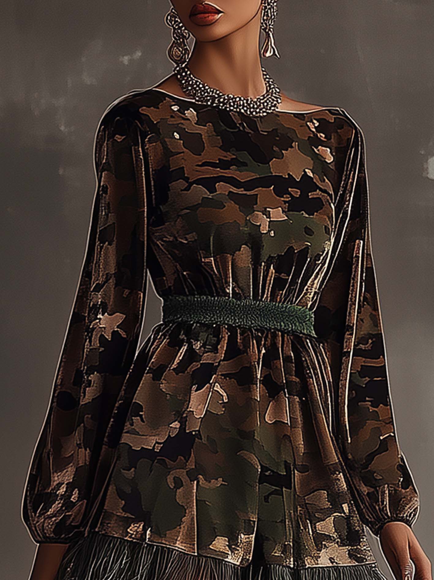 Dark Green Camouflage Printed Velvet Mini Dress With Tassels