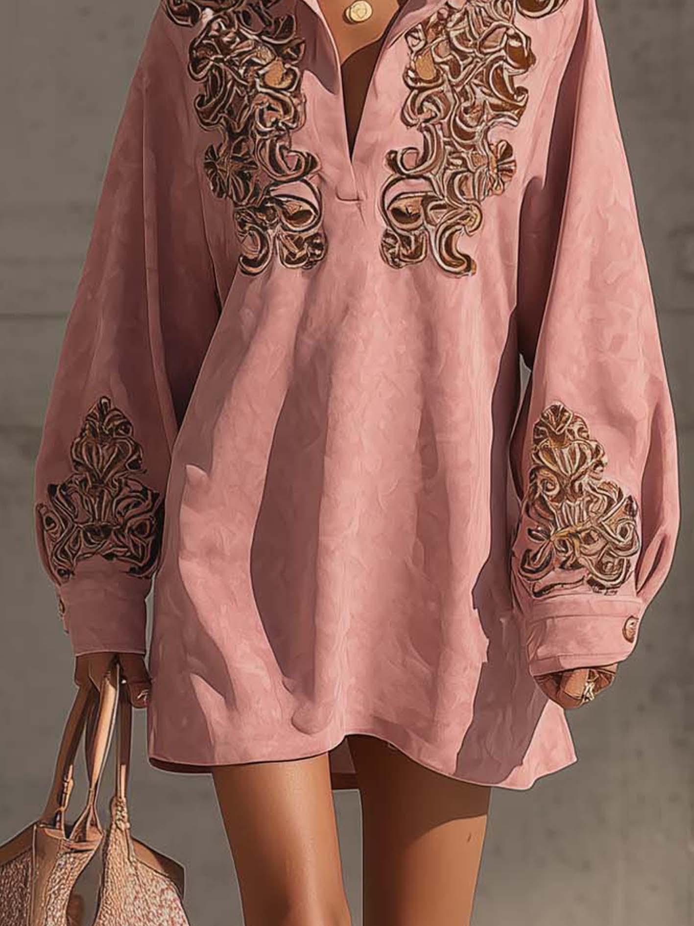 Pink Faux Suede Mini Dress With Vintage Embroidery