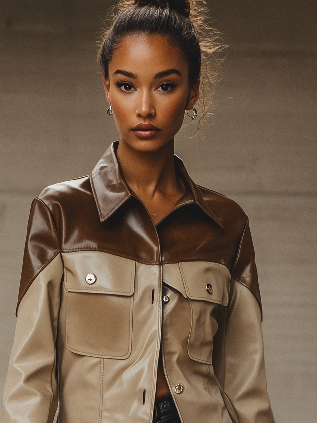 Two Tone Faux Leather Lapel Jacket