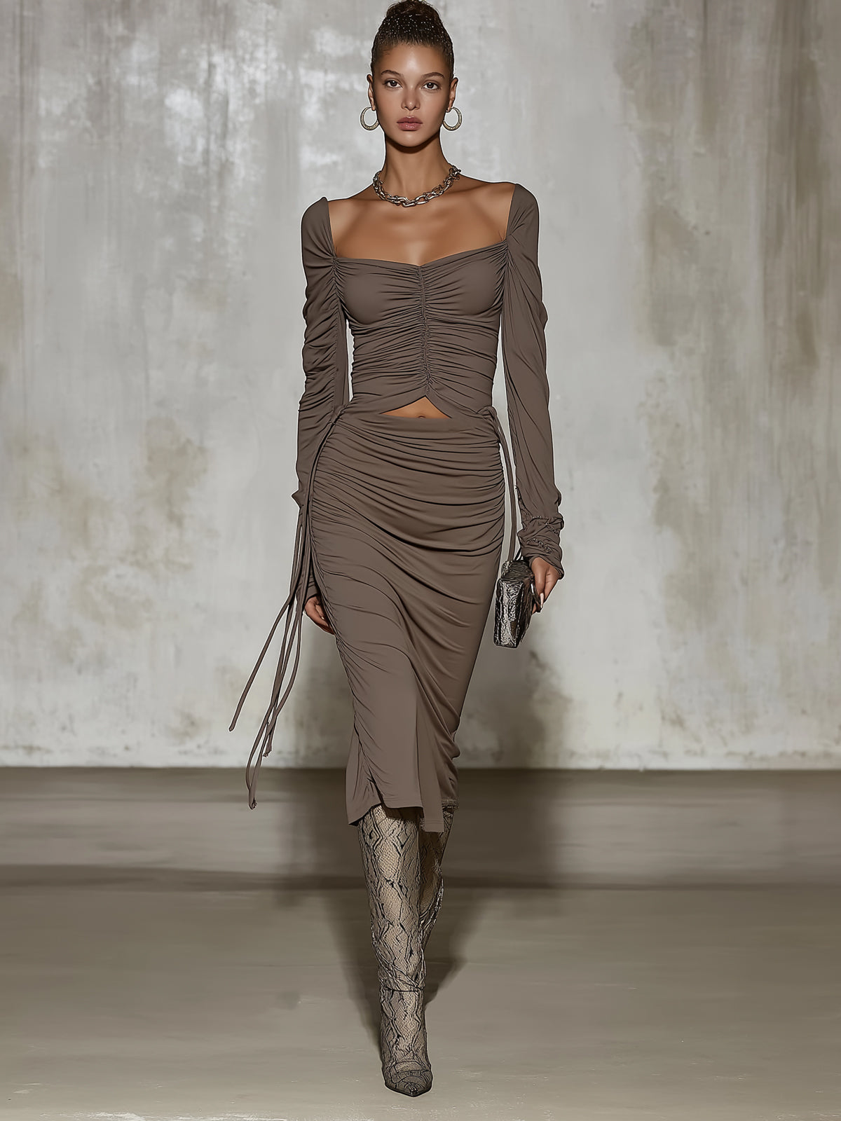 Gray Stretch Jersey Ruched Cut Out Square Neck Long Sleeve Midi Dress