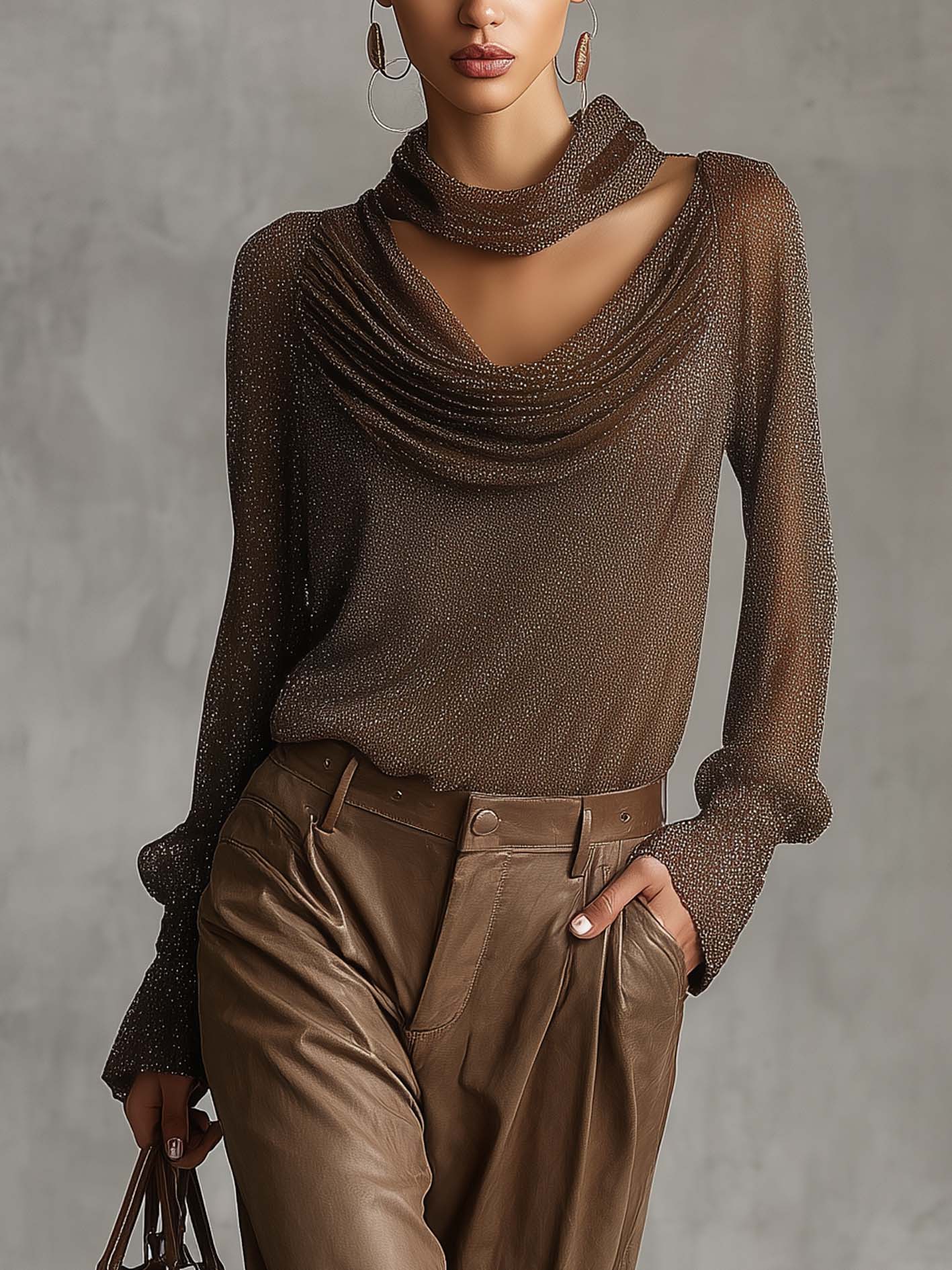 Shimmer Brown Draped Ruched Long Sleeve Shirt