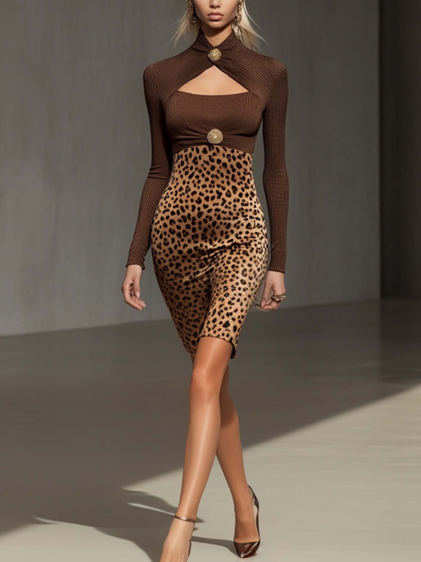 Brown Knitted Midi Bodycon Dress With Buttons And Leopard Print
