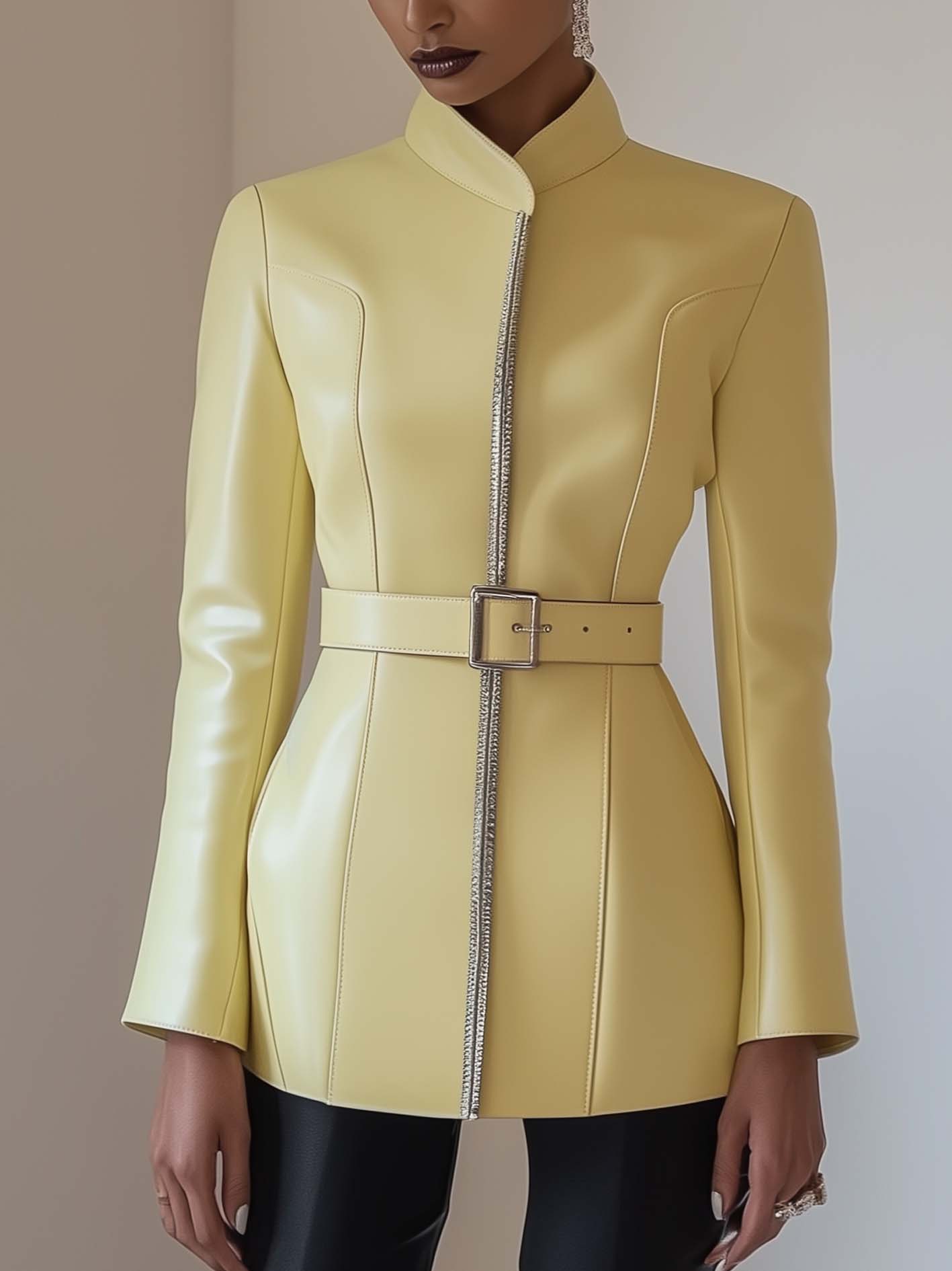 Cream Yellow Faux Leather Jacket With Belt And Silver Web