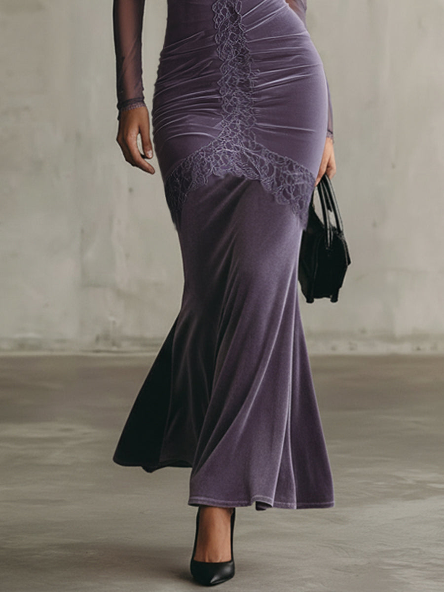 Purple Velvet Bodycon Mermaid Dress With Chiffon Sleeves