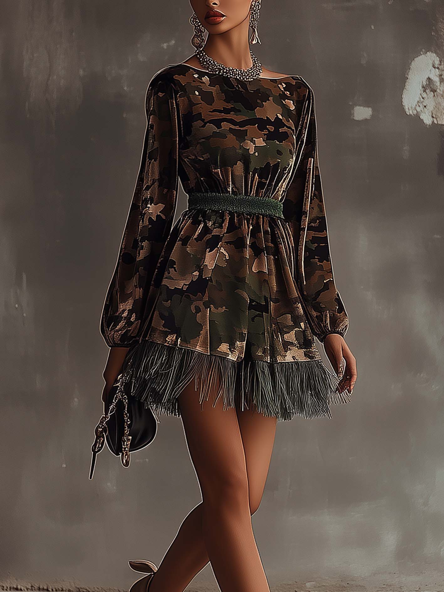 Dark Green Camouflage Printed Velvet Mini Dress With Tassels