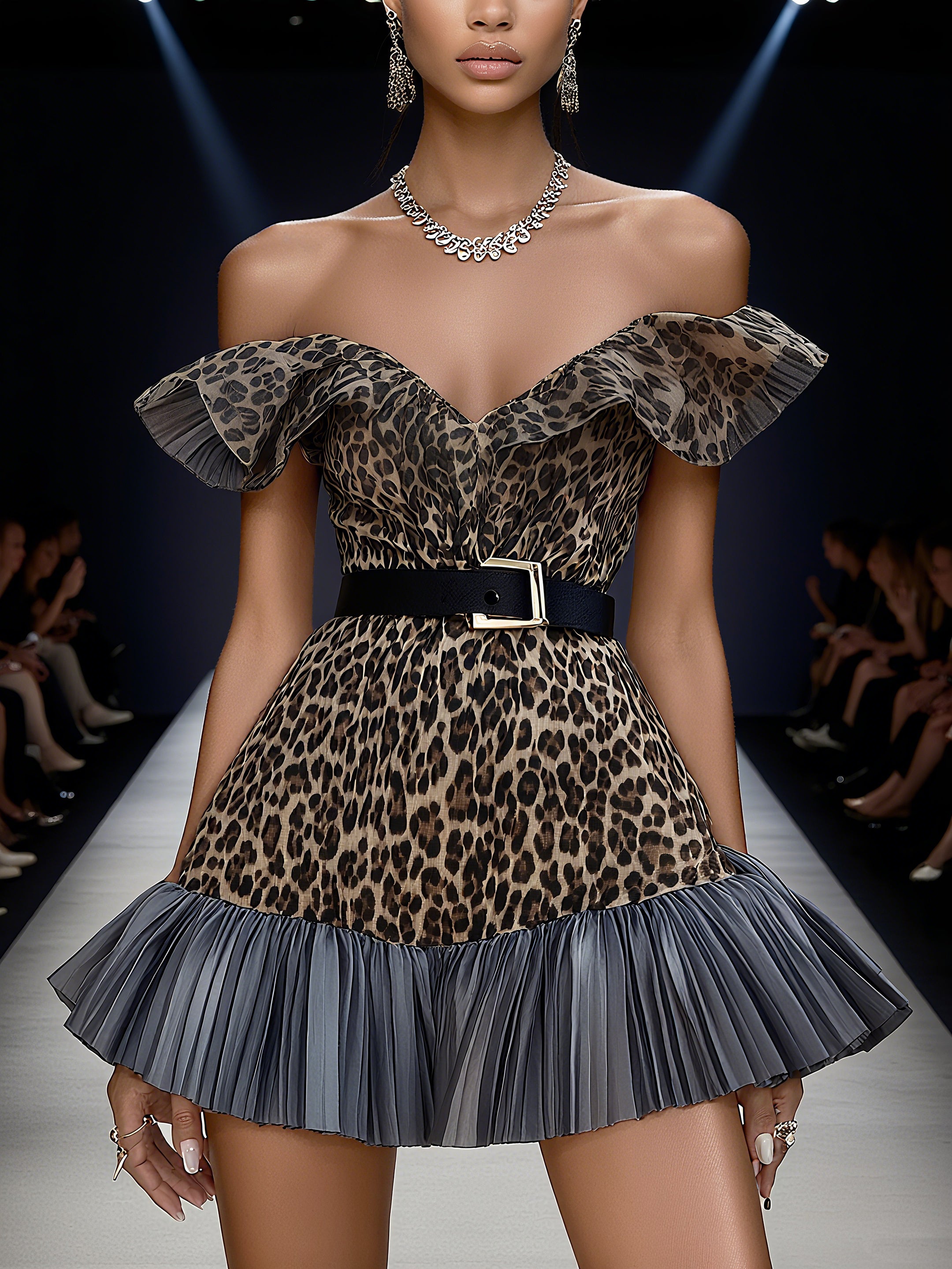 Leopard Off Shoulder Mini Dress With Pleated Hem And Belt