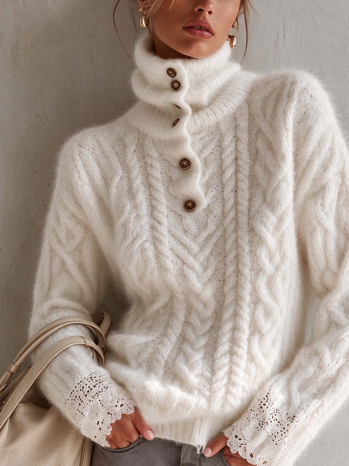 Ivory Mohair Cable Knit Turtleneck Sweater With Buttons And Crochet Lace Cuffs