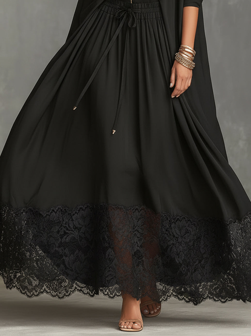 Black Lace-Trim Long-Sleeve Zip-Front Maxi Dress