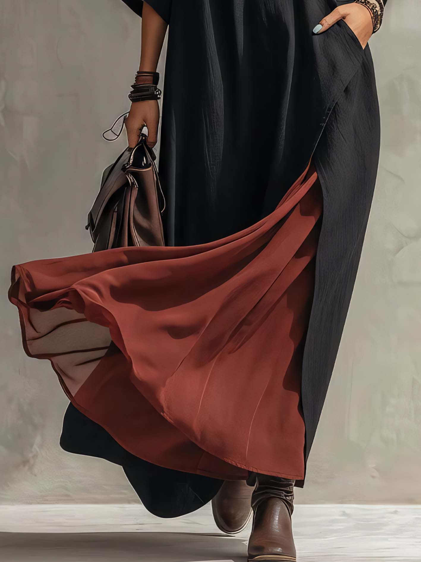 Black Cotton Linen Maxi Dress With Wine Red Chiffon Patchwork