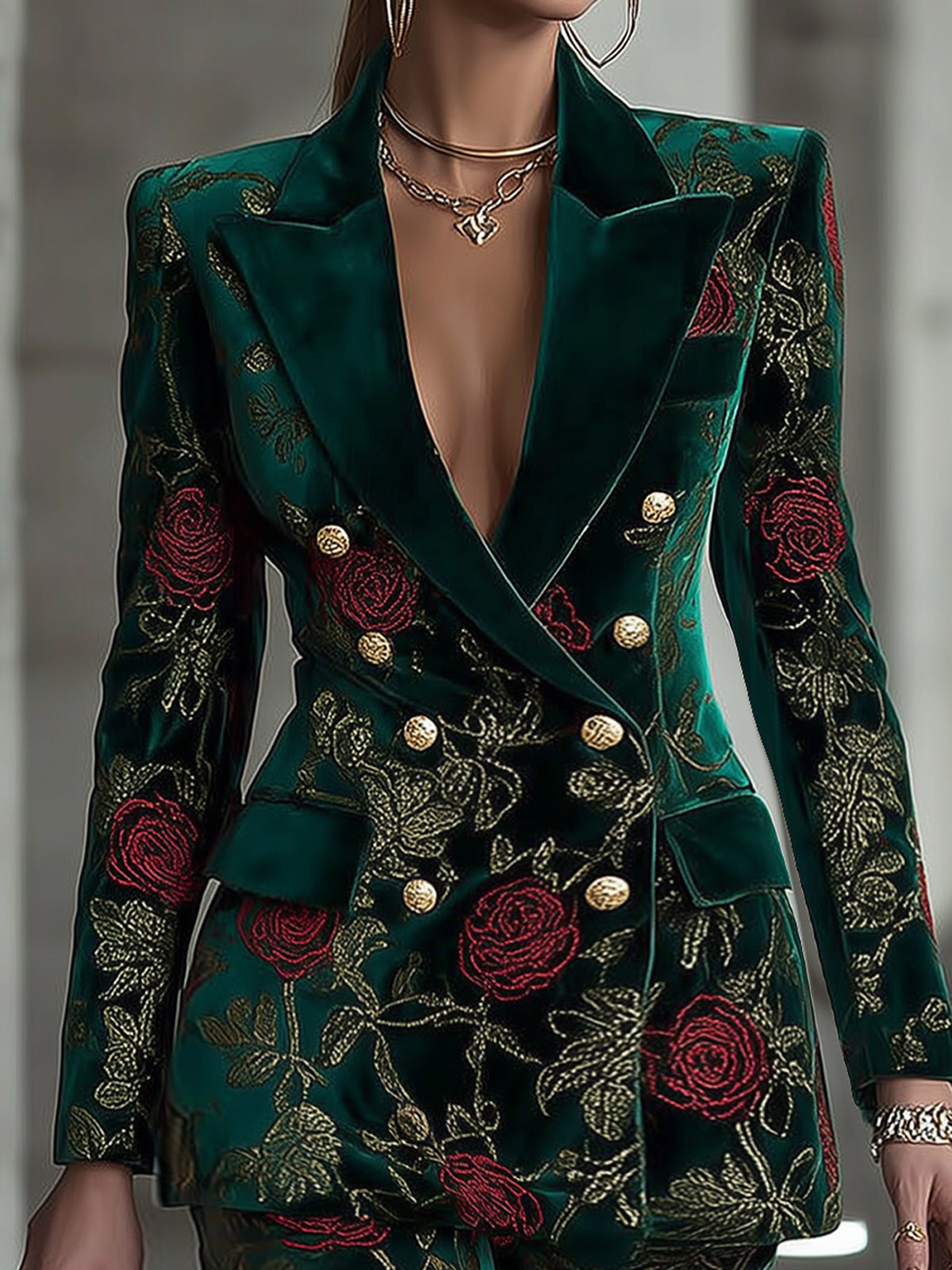 Emerald Velvet Floral Print Double-Breasted Blazer