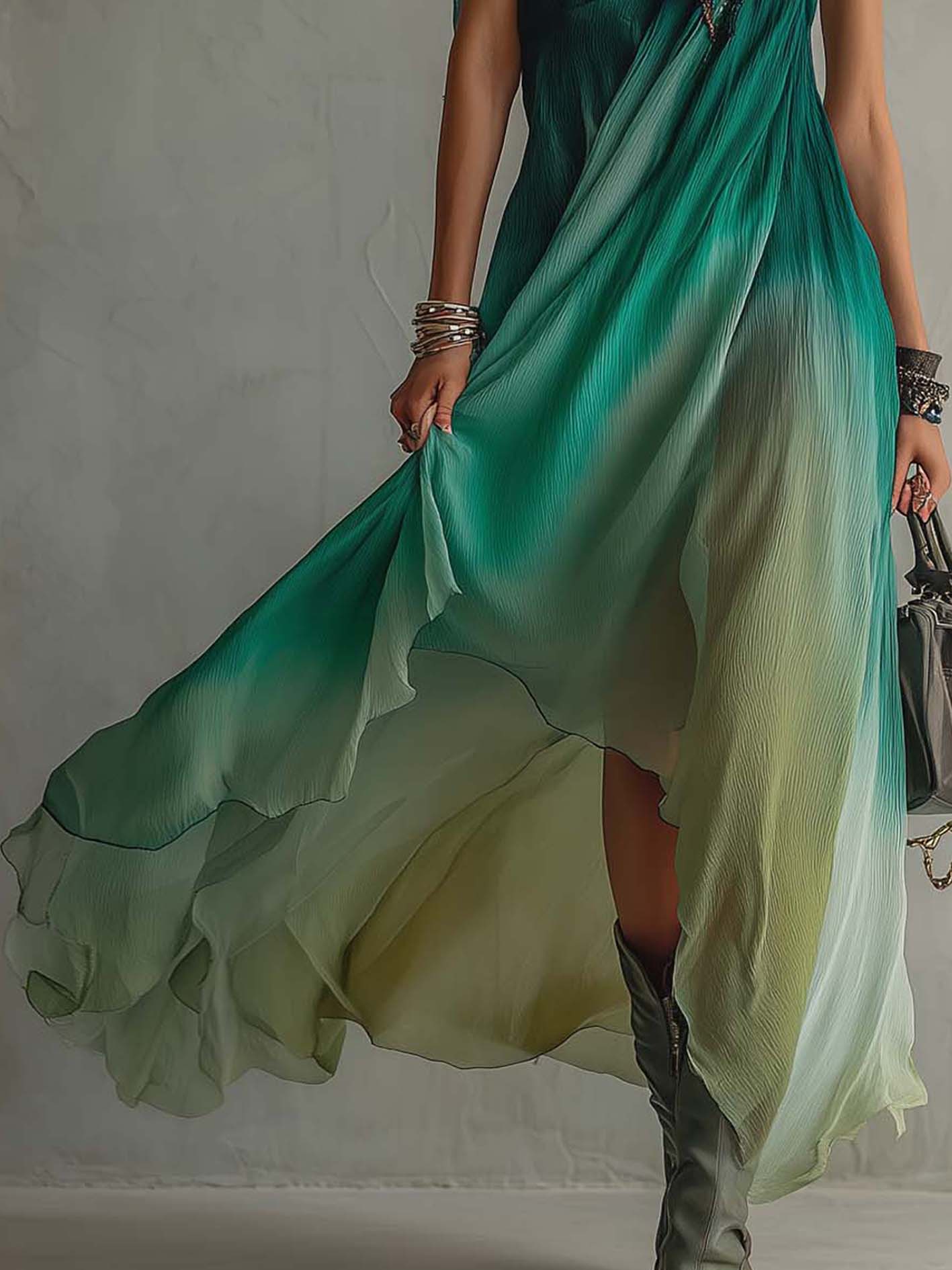 One Shoulder Ombre Green Chiffon Maxi Dress