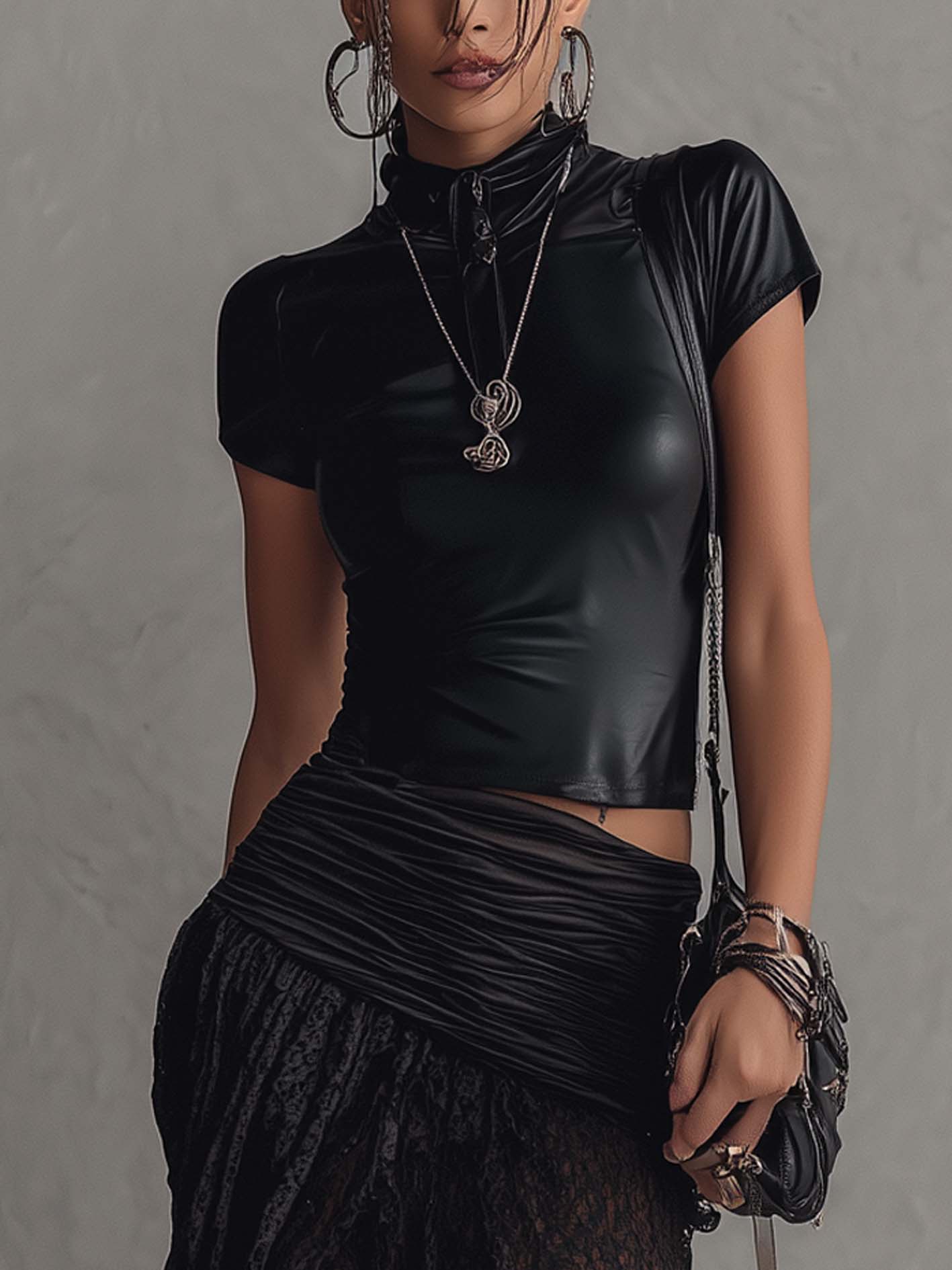 Black Faux Leather Zipper Top And Lace Maxi Skirt Set
