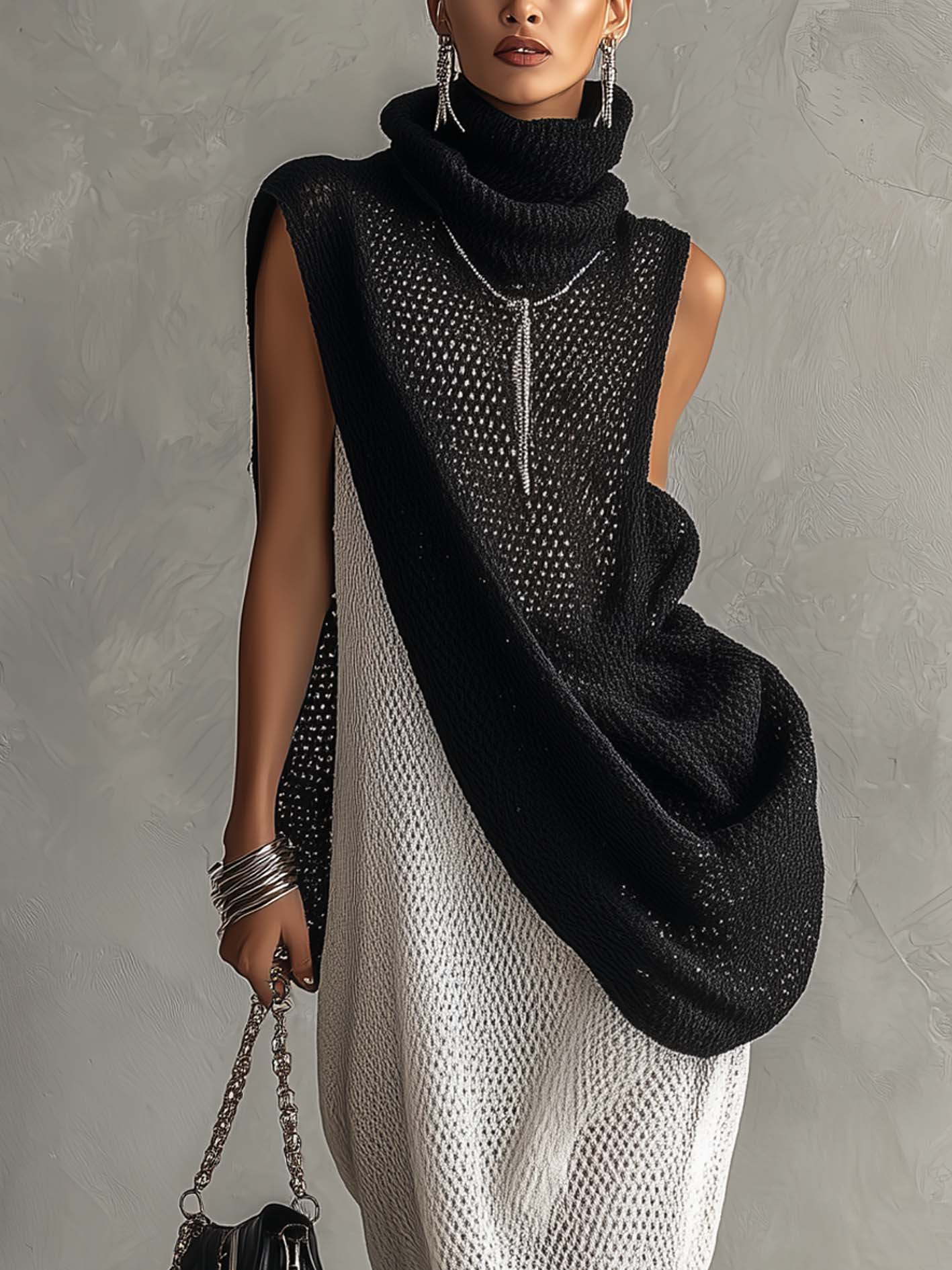 Black Turtleneck Mesh Knit Overlay With White Sleeveless Midi Tank Dress Set