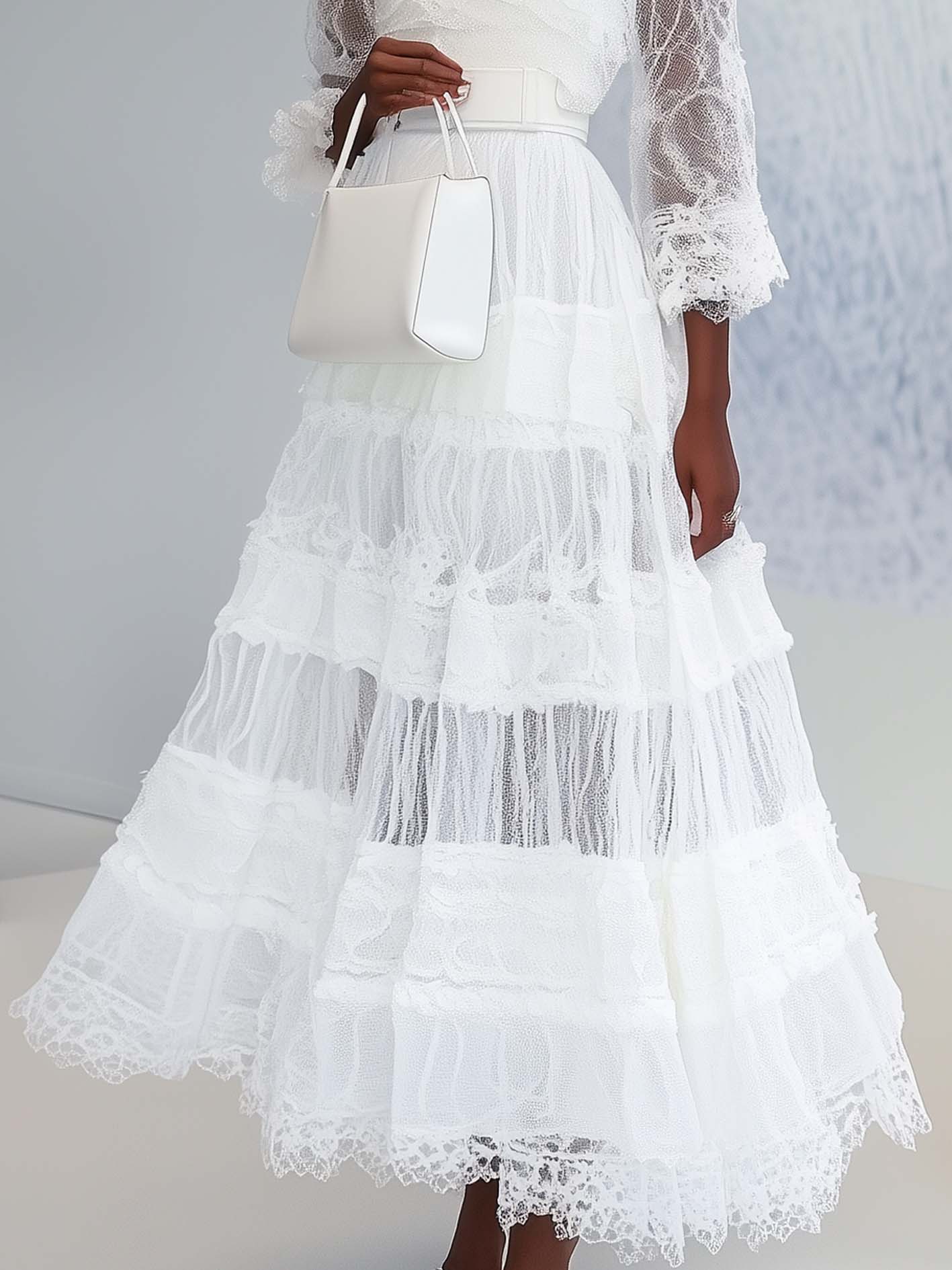 White Maxi Dress With Lace Mesh Stitching